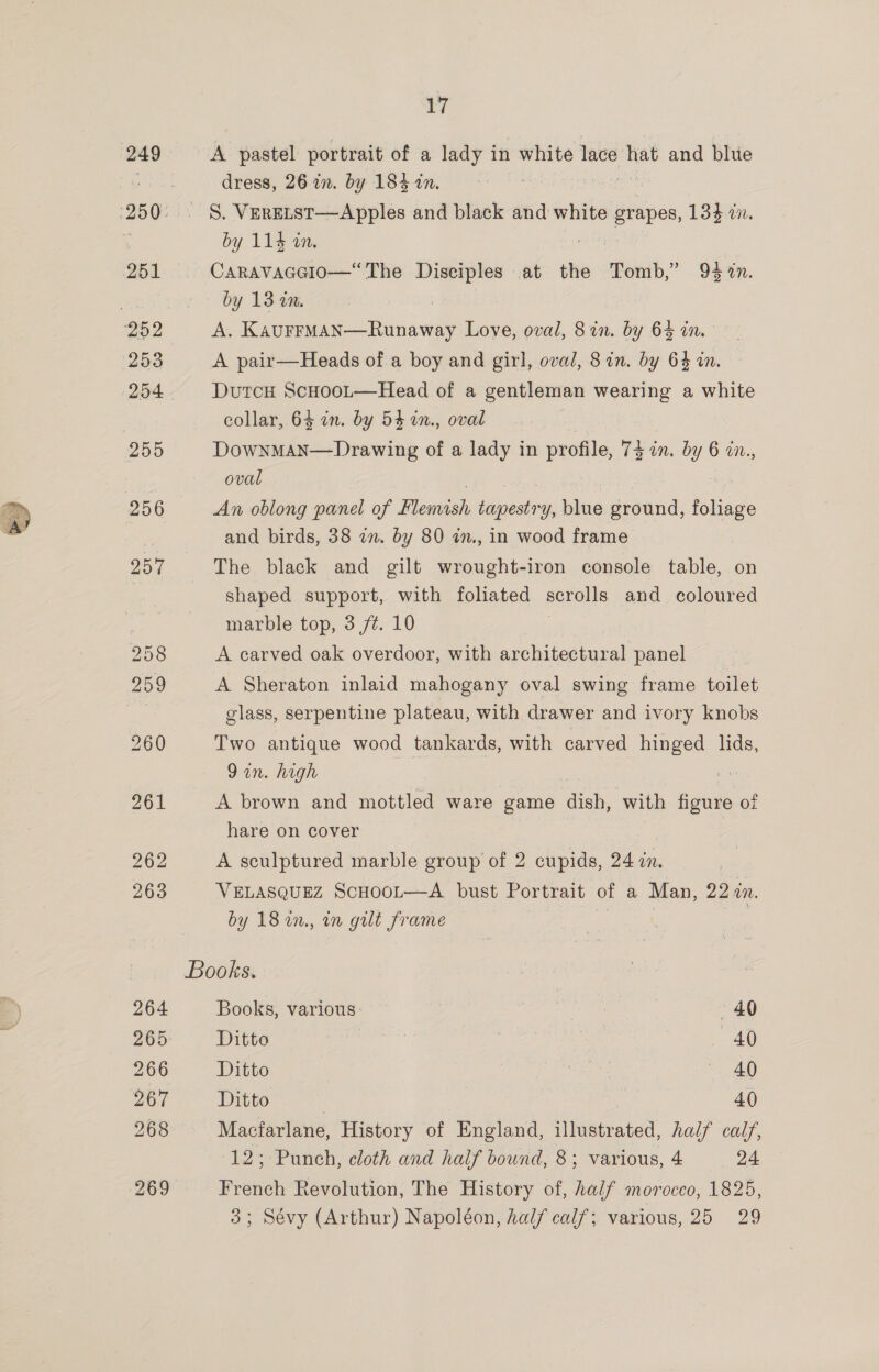 249 A pastel portrait of a lady in white lace eit and blue \ dress, 26 2. by 184 in. 250 ‘S. VerELsT—Apples and black and white grapes, 133 in. by 114 in. 251 CARAVAGGIO—“ The Disciples at the Tomb,” 93 2n. by 13 im. . 252 A. KauFFMAN—Runaway Love, oval, 8 in. by 64 in. 253 A pair—Heads of a boy and girl, oval, 8 in. by 64 in. 254 Dutcu ScHoooc—Head of a gentleman wearing a white collar, 64 in. by 54 %n., oval 255 DowNMAN—Drawing of a lady in profile, 74 on, by 6 in., oval 256 An oblong panel of Flemish seeal Y; piss ground, foliage and birds, 38 an. by 80 an., in wood frame 257 The black and gilt wrought-iron console table, on shaped support, with foliated serolls and coloured marble top, 3 ft. 10  258 A carved oak overdoor, with architectural panel 259 A Sheraton inlaid mahogany oval swing frame toilet glass, serpentine plateau, with drawer and ivory knobs 260 Two antique wood tankards, with carved hinged lids, 9 in. high 261 A brown and mottled ware game Ae with figure oz hare on cover 262 A sculptured marble group of 2 cupids, 24 in. 263 VELASQUEZ ScHooL—A bust Portrait of a Man, 22 4n. by 18 wn., wn gilt frame ss 3 Books. 264 Books, various. : - 40 265. Ditto ‘eke | } 40 266 Ditto 40 2G Ditto 40) 268 Macfarlane, History of England, illustrated, half calf, 12; Punch, cloth and half bound, 8; various, 4 _ 24 269 French Revolution, The History of, half morocco, 1825, 3; Sévy (Arthur) Napoléon, half calf; various, 25 29