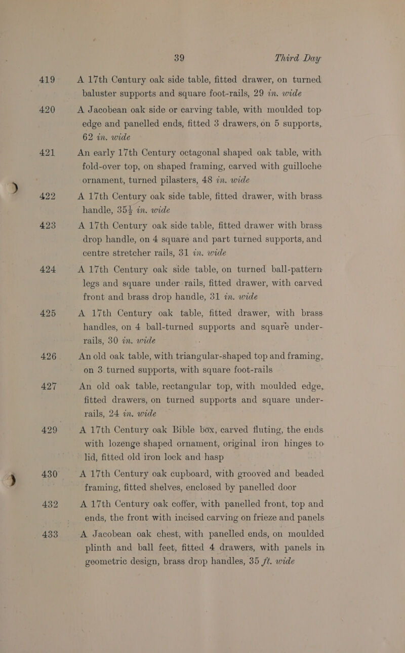 419 420 424 425 39 Third Day A 17th Century oak side table, fitted drawer, on turned baluster supports and square foot-rails, 29 in. wide A Jacobean oak side or carving table, with moulded top. edge and panelled ends, fitted 3 drawers, on 5 supports, 62 wn. wide An early 17th Century octagonal shaped oak table, with. fold-over top, on shaped framing, carved with guilloche ornament, turned pilasters, 48 2n. wide A 17th Century oak side table, fitted drawer, with brass. handle, 355 an. wide A 17th Century oak side table, fitted drawer with brass drop handle, on 4 square and part turned supports, and centre stretcher rails, 31 in. wide A 17th Century oak side table, on turned ball-pattern legs and square under rails, fitted drawer, with carved front and brass drop handle, 31 an. wide A 17th Century oak table, fitted drawer, with brass handles, on 4 ball-turned supports and square under- rails, 30 in. wide An old oak table, with triangular-shaped top and framing,. on 3 turned supports, with square foot-rails An old oak table, rectangular top, with moulded edge, fitted drawers, on turned supports and square under- rails, 24 an. wide A 17th Century oak Bible box, carved fluting, the ends with lozenge shaped ornament, original iron hinges to lid, fitted old iron lock and hasp A 17th Century oak cupboard, with grooved and beaded framing, fitted shelves, enclosed by panelled door A 17th Century oak coffer, with panelled front, top and ends, the front with incised carving on frieze and panels A Jacobean oak chest, with panelled ends, on moulded plinth and ball feet, fitted 4 drawers, with panels in geometric design, brass drop handles, 35 /¢. wide