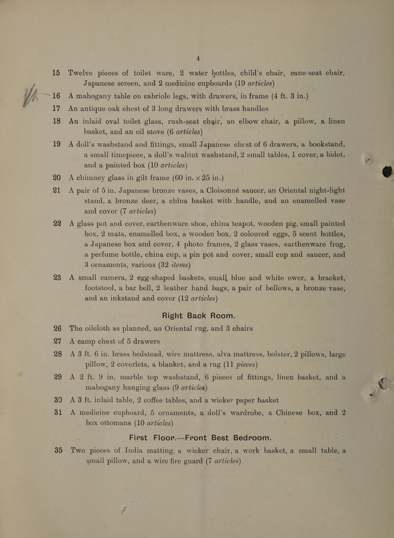  19 20 21 22 23 26 27 28 29 39 31 30 4 Twelve pieces of toilet ware, 2 water hottles, child’s chair, cane-seat chair, Japanese screen, and 2 medicine cupboards (19 articles) A mahogany table on cabriole legs, with drawers, in frame (4 ft. 3 in.) An antique oak chest of 3 long drawers with brass handles An inlaid oval toilet glass, rush-seat chair, an elbow chair, a pillow, a linen basket, and an oil stove (6 articles) A doll’s washstand and fittings, small Japanese chest of 6 drawers, a bookstand, a small timepiece, a doll’s walnut washstand, 2 small tables, 1 cover, a bidet, and a painted box (10 articles) A chimney glass in gilt frame (60 in. x 25 in.) stand, a bronze deer, a china basket with handle, and an enamelled vase and cover (7 articles) box, 2 mats, enamelled box, a wooden hox, 2 coloured eggs, 5 scent bottles, a Japanese box and cover, 4 photo frames, 2 glass vases, earthenware frog, a perfume bottle, china cup, a pin pot and cover, small cup and saucer, and 3 ornaments, various (32 items) A small camera, 2 egg-shaped baskets, small blue and white ewer, a bracket, footstool, a bar bell, 2 leather hand bags, a pair of bellows, a bronze vase, and an inkstand and cover (12 art¢cles) , Right Back Room. The oilcloth as planned, an Oriental rug; and 3 chairs A camp chest of 5 drawers A 3 ft. 6 in. brass bedstead, wire mattress, alva mattress, bolster, 2 pillows, large pillow, 2 coverlets, a blanket, and a rug (11 pieces) A 2 ft. 9 in. marble top washstand, 6 pieces of fittings, linen basket, and a mahogany hanging glass (9 articles) A 3 ft. inlaid table, 2 coffee tables, and a wicker paper basket A medicine cupboard, 5 ornaments, a doll’s wardrobe, a Chinese box, and 2 box ottomans (10 articles) / First Floor.—Front Best Bedroom. Two pieces of India matting, a wicker chair, a work basket, a small table, a small pillow, and a wire fire guard (7 articles) 