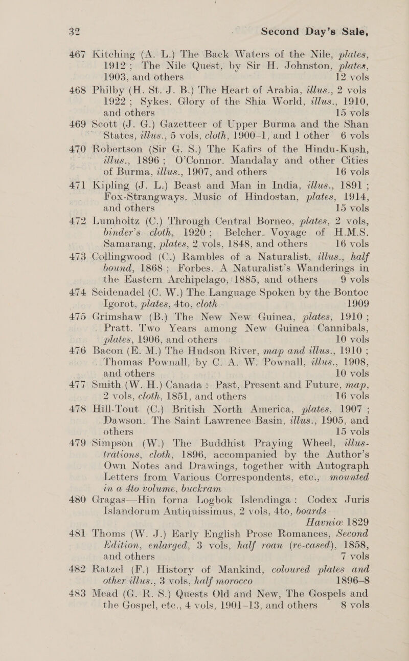 479 480 483 Second Day’s Sale, Kitching (A. L.) The Back Waters of the Nile, plates, 1912; The Nile Quest, by Sir H. Johnston, plates, 1908, ‘and others 12 vols Philby (H. St.'\J. B.) The Heart of Arabia, alus., 2 vols 1922; Sykes. Glory of the Shia World, dlus., 1910, and others 15 vols States, dllus., 5 vols, cloth, 1900-1, and 1 other 6 vols Robertson (Sir G. 8S.) The Kafirs of the Hindu-Kush, illus., 1896; O’Connor. Mandalay and other Cities of Burma, illus., 1907, and others 16 vols Kipling (ods) Beast and Man in India, illus., 1891 ; Fox-Strangways. Music of Hindostan, plates, 1914, and others 15 vols Lumholtz (C.) Through Central Borneo, plates, 2 vols, binder’s cloth, 1920; . Belcher. Voyage. of H.M.S. _Samarang, plates, yy vols, 1848, and others 16 vols Cgimedoce (C.) Rambles of a Naturalist, cllus., half bound, 1868; Forbes. A Naturalist’s Wanderings in the Eastern Archipelago, ‘1885, and others 9 vols Seidenadel (C. W.) The Language Spoken by the Bontoc Igorot, plates, 4to, cloth. 1909 Grimshaw (B.) The New New Guinea, plates, 1910 ; . Pratt. Two Years among New Guinea Cannibals, plates, 1906, and others 10 vols ..Thomas Pownall, by C. A. W. Pownall, elus., 1908, and others 10 vols Smith (W. H.) Canada :. Past, Present and Future, map, 2 vols, cloth, 1851, and others 16 vols Hill-Tout (C.) British North America, plates, 1907 ; Dawson. The Saint Lawrence Basin, zllus., 1905, and others 15 vols Simpson (W.) The Buddhist Praying Wheel, dllus- trations, cloth, 1896, accompanied by the Author’s Own Notes and Drawings, together with Autograph Letters from Various Correspondents, etc., mounted in a 4to volume, buckram Gragas—-Hin forna Logbok Islendinga: Codex Juris Islandorum Antiquissimus, 2 vols, 4to, boards Havnie 1829 Thoms (W. J.) Early English Prose Romances, Second Edition, enlarged, 3 vols, half roan (re-cased), 1858, and others 7 vols Ratzel (F.) History of Mankind, coloured plates and other illus., 3 vols, half morocco 1896-8 Mead (G. R. 8.) Quests Old and New, The Gospels and