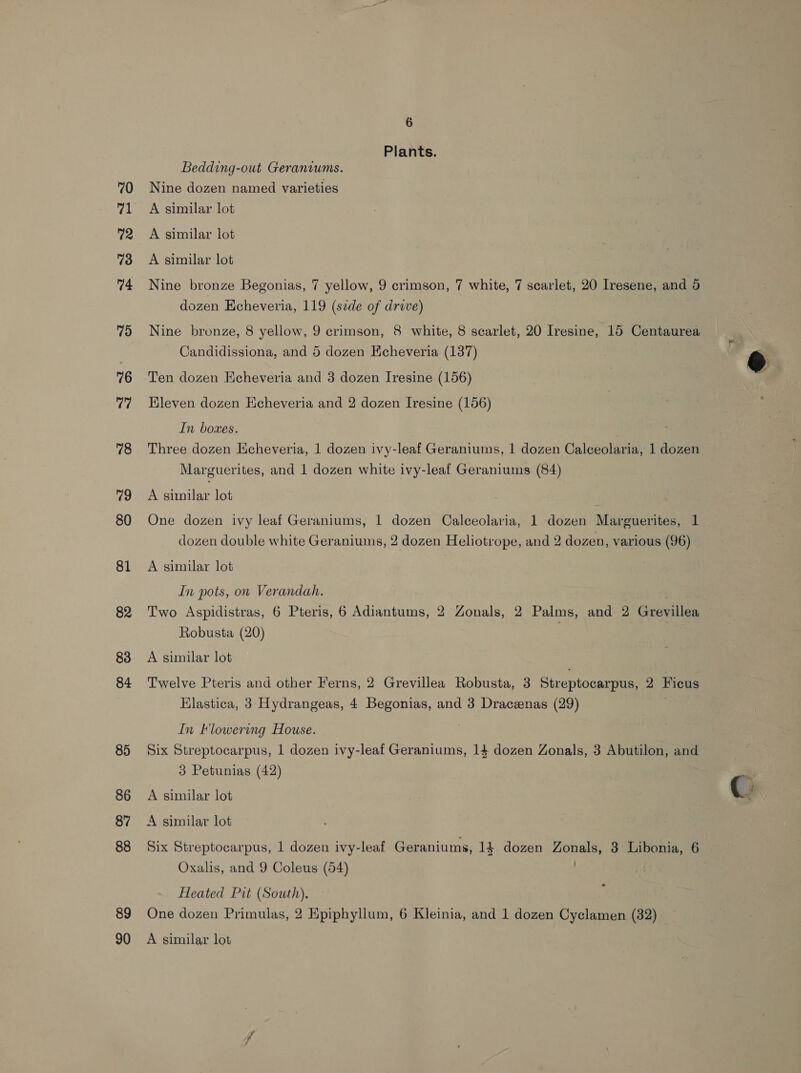 70 71 72 73 74 79 76 77 78 79 80 81 82 83 84 85 86 87 88 89 6 Plants. Bedding-out Geraniums. Nine dozen named varieties A similar lot A similar lot A similar lot Nine bronze Begonias, 7 yellow, 9 crimson, 7 white, 7 scarlet, 20 Iresene, and 5 dozen Kcheveria, 119 (szde of drive) Nine bronze, 8 yellow, 9 crimson, 8 white, 8 scarlet, 20 Iresine, 15 Centaurea Candidissiona, and 5 dozen Kcheveria (137) Ten dozen Echeveria and 3 dozen Iresine (156) Eleven dozen Hcheveria and 2 dozen Iresine (156) In boxes. Three dozen Echeveria, | dozen ivy-leaf Geraniums, 1 dozen Calceolaria, 1 dozen Marguerites, and 1 dozen white ivy-leaf Geraniums (84) A similar lot One dozen ivy leaf Geraniums, 1 dozen Calceolaria, 1 dozen Marguerites, 1 dozen double white Geraniums, 2 dozen Heliotrope, and 2 dozen, various (96) A similar lot In pots, on Verandah. Two Aspidistras, 6 Pteris, 6 Adiantums, 2 Zonals, 2 Palms, and 2 Grevillea Robusta (20) A similar lot Twelve Pteris and other Ferns, 2 Grevillea Robusta, 3 Streptocarpus, 2 Ficus Elastica, 3 Hydrangeas, 4 Begonias, and 3 Draceenas (29) In Flowering House. Six Streptocarpus, 1 dozen ivy-leaf Geraniums, 14 dozen Zonals, 3 Abutilon, and 3 Petunias (42) A similar lot A similar lot Six Streptocarpus, 1 dozen ivy-leaf Geraniums, 14 dozen one 3 Libonia, 6 Oxalis, and 9 Coleus (54) Heated Pit (South), One dozen Primulas, 2 Hpiphyllum, 6 Kleinia, and 1 dozen Cyclamen (82)