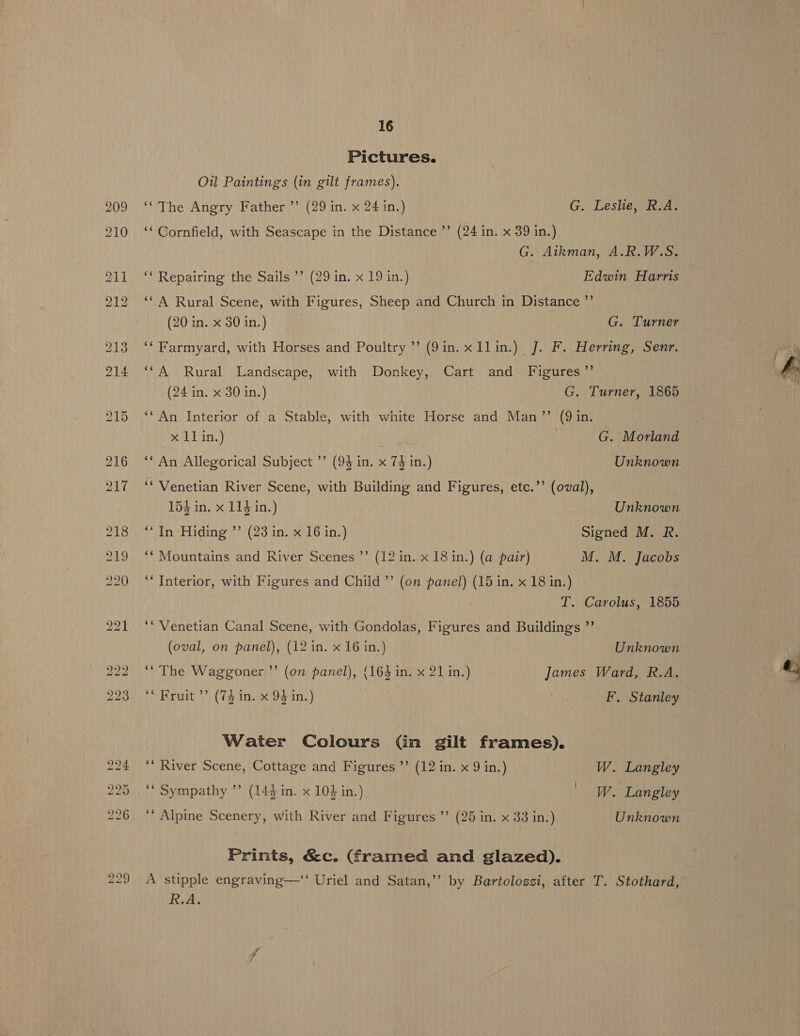 Pictures. Oil Paintings (in gilt frames). ‘‘ The Angry Father ’’ (29 in. x 24 in.) G. Leste, RAG ‘‘ Cornfield, with Seascape in the Distance ’’ (24 in. x 39 in.) G. Aikman, A.R.W.S. ‘* Repairing the Sails ’’ (29 in. x 19 in.) Edwin Harris ‘A Rural Scene, with Figures, Sheep and Church in Distance ”’ (20 in. x 30 in.) G. Turner ‘* Farmyard, with Horses and Poultry’ (9in.x1llin.) J. F. Herring, Senr. ‘*A Rural Landscape, with Donkey, Cart and Figures ”’ (24 in. x 30 in.) G. Turner, 1865 ‘* An Interior of a Stable, with white Horse and Man’’ (9 in. x 11 in.) . G. Morland ‘“An Allegorical Subject ’’ (94 in. x 74 in.) Unknown ‘Venetian River Scene, with Building and Figures, etc.’’ (oval), 154 in. x 114 in.) Unknown ‘‘In Hiding ”’ (23 in. x 16 in.) Signed M. R. ‘* Mountains and River Scenes ’’ (12 in. x 18 in.) (a pair) M. M. Jacobs ‘‘ Interior, with Figures and Child ’’ (on panel) (15 in. x 18 in.) T. Carolus, 1855 ‘“ Venetian Canal Scene, with Gondolas, Figures and Buildings ”’ (oval, on panel), (i2 in. x 16 in.) Unknown ‘The Waggoner ’’ (on panel), {163 in. x 21 in.) James Ward, R.A. ‘Fruit ’’ (74 in. x 94 in.) F. Stanley Water Colours (in gilt frames). ‘* River Scene, Cottage and Figures ’’ (12 in. x 9 in.) W. Langley ‘* Sympathy ”’ (144 in. x 10} in.) 1 a Langley ‘* Alpine Scenery, with River and Figures ”’ (25 in. x 33 in.) Unknown Prints, &amp;c. (framed and glazed). A stipple engraving—“ Uriel and Satan,’’ by Bartologzi, after T. Stothard, R.A.