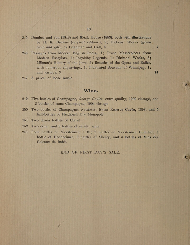 245 246 247 18 Dombey and Son (1848) and Bleak House (1853), both with illustrations by H. K. Browne (original editions), 2; Dickens’ Works (green _ cloth and gilt), by Chapman and Hall, 5 | ‘i Passages from Modern English Poets, 1; Prose Masterpieces from Modern Essayists, 1; Ingoldby Legends, 1; Dickens’ Works, 3; Milman’s History of the Jews, 3; Beauties of the Opera and Ballet, with numerous engravings, 1; Illustrated Souvenir of Winnipeg, 1; and various, 3 14 A parcel of loose music Wine. Five bottles of Champagne, George Goulet, extra quality, 1900 vintage, and 2 bottles of same Champagne, 1904 vintage Two bottles of Champagne, Roederer, Extra Reserve Cuvée, 1898, and 5 half-bottles of Heidsiech Dry Monopole Two dozen bottles of Claret Two dozen and 6 bottles of similar wine Four bottles of Niersteimer, 1910; 2 bottles of Niersteimer Domthal, 1 bottle of Hochheimer, 3 bottles of Sherry, and 3 bottles of Vins des Coleaux de Indée END (OF } FIRST DAY ’S-SALE)