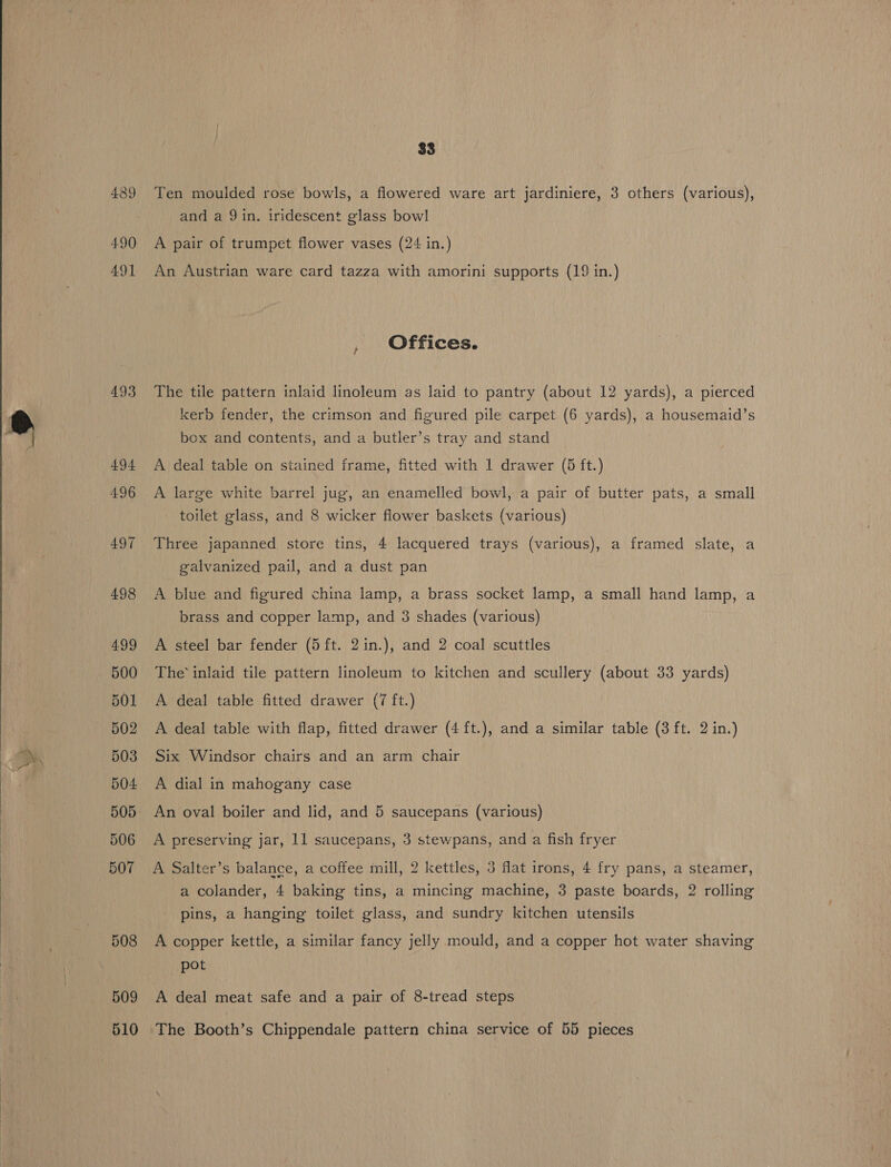  491 493 509 510 $3 Ten moulded rose bowls, a flowered ware art jardiniere, 3 others (various), and a 9 in. iridescent glass bowl A pair of trumpet flower vases (24 in.) An Austrian ware card tazza with amorini supports (19 in.) Offices. The tile pattern inlaid linoleum as laid to pantry (about 12 yards), a pierced kerb fender, the crimson and figured pile carpet (6 yards), a housemaid’s box and contents, and a butler’s tray and stand A deal table on stained frame, fitted with 1 drawer (5 ft.) A large white barrel jug, an enamelled bowl, a pair of butter pats, a small toilet glass, and 8 wicker flower baskets (various) Three japanned store tins, 4 lacquered trays (various), a framed slate, a galvanized pail, and a dust pan A blue and figured china lamp, a brass socket lamp, a small hand lamp, a brass and copper lamp, and 3 shades (various) A steel bar fender (5 ft. 2in.), and 2 coal scuttles The inlaid tile pattern linoleum to kitchen and scullery (about 33 yards) A deal table fitted drawer (7 ft.) A deal table with flap, fitted drawer (4 ft.), and a similar table (3 ft. 2 in.) Six Windsor chairs and an arm chair A dial in mahogany case An oval boiler and lid, and 5 saucepans (various) A preserving jar, 11 saucepans, 3 stewpans, and a fish fryer A Salter’s balance, a coffee mill, 2 kettles, 3 flat irons, 4 fry pans, a steamer, a colander, 4 baking tins, a mincing machine, 3 paste boards, 2 rolling pins, a hanging toilet glass, and sundry kitchen utensils A copper kettle, a similar fancy jelly mould, and a copper hot water shaving pot A deal meat safe and a pair of 8-tread steps The Booth’s Chippendale pattern china service of 55 pieces