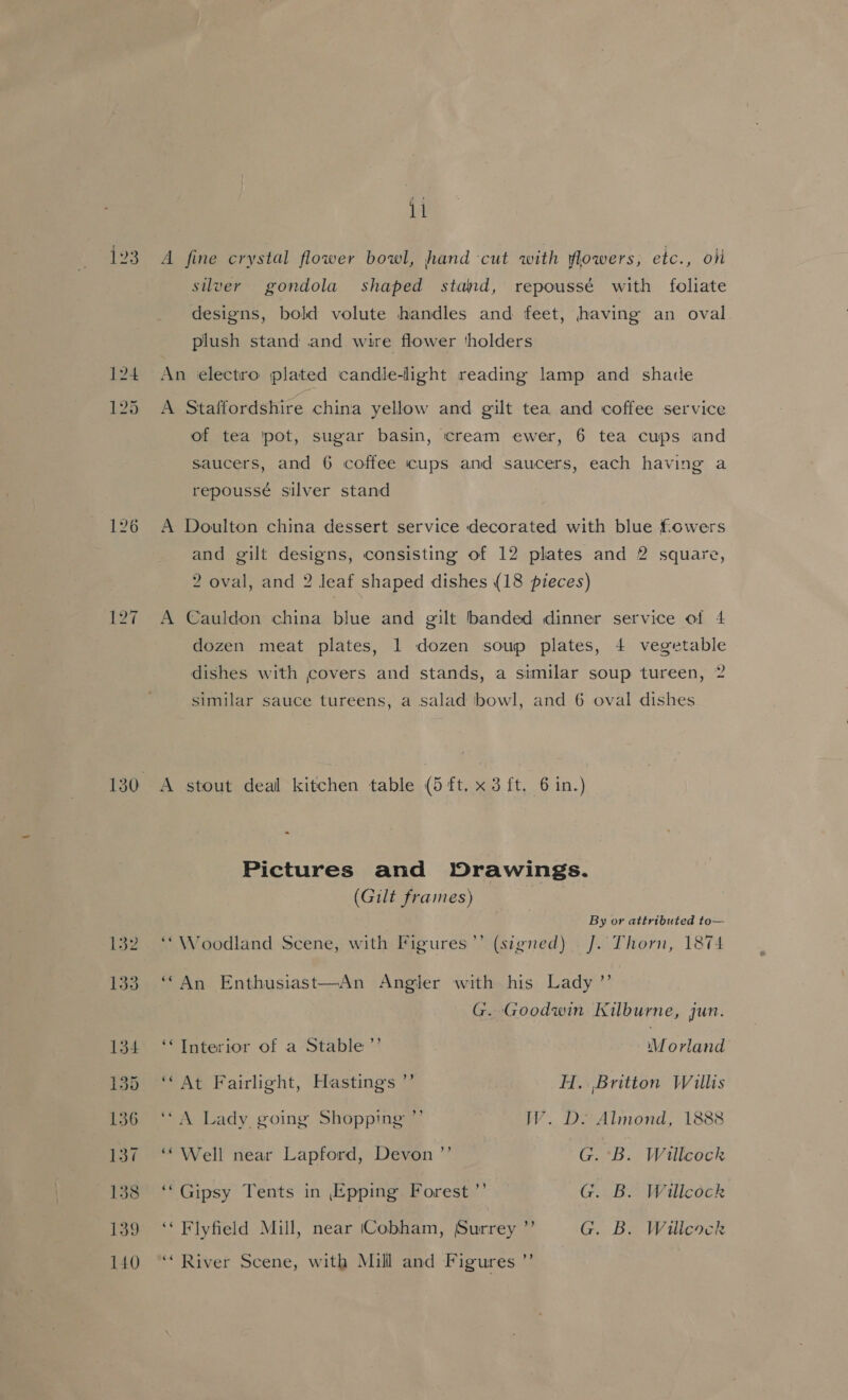 123 124 125 126 il A fine crystal flower bowl, hand cut with flowers, etc., obi silver gondola shaped stand, repoussé with foliate designs, bold volute handles and feet, having an oval plush stand and wire flower ‘holders An electro plated candle-light reading lamp and shade A Staffordshire china yellow and gilt tea and coffee service of tea pot, sugar basin, cream ewer, 6 tea cups and saucers, and 6 coffee cups and saucers, each having a repoussé silver stand A Doulton china dessert service decorated with blue fowers and gilt designs, consisting of 12 plates and 2 square, 2 oval, and 2 leaf shaped dishes (18 pieces) A Cauldon china blue and gilt banded dinner service of 4 dozen meat plates, 1 dozen soup plates, 4 vegetable dishes with covers and stands, a similar soup tureen, 2 similar sauce tureens, a salad bowl, and 6 oval dishes A stout deal kitchen table (5 ft. x 3 ft. 6 in.) Pictures and WDrawings. (Gilt frames) By or attributed to— ‘“Woodland Scene, with Figures’’ (signed) J. Thorn, 1874 ‘““An Enthusiast—An Angler with his Lady ”’ G. Goodwin Kilburne, jun. ‘‘Interior of a Stable ”’ Morland ‘At Fairlight, Hastings ”’ H. Britton Willis ‘“A Lady going Shopping ”’ IW. De Almond, 1888 “Well near Lapford, Devon ”’ G. *B. Willcock ‘‘ Gipsy Tents in Epping Forest ”’ G. B. Willcock ‘“Flyfield Mill, near (Cobham, Surrey ”’ G. B. Willcock ‘River Scene, with Mill and Figures ”’