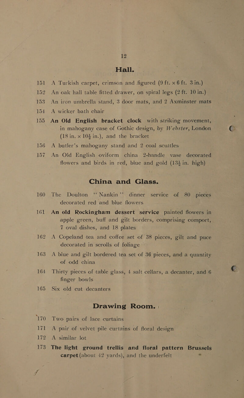 160 161 162 163 12 Hall. A Turkish carpet, crimson and figured (9 ft. x 6 ft. 3 in.) An oak hall table fitted drawer, on spiral legs (2 ft. 10 in.) An iron umbrella stand, 3 door mats, and 2 Axminster mats A wicker bath chair An Old English bracket clock with striking movement, in mahogany case of Gothic design, by Webster, London (18 in. x 10$in.), and the bracket A butler’s mahogany stand and 2 coal scuttles An Old English oviform china 2-handle vase decorated flowers and birds in red, blue and gold (134 in. high) ( China and Glass. The Doulton ‘‘ Nankin’’ dinner service of 80 pieces decorated red and blue flowers An old Rockingham dessert service painted flowers in apple green, buff and gilt borders, comprising comport, 7 oval dishes, and 18 plates A Copeland ‘tea and coffee set of 38 pieces, gilt and puce decorated in scrolls of foliage A blue and gilt bordered tea set of 36 pieces, and a quantity of odd china Thirty pieces of table glass, 4 salt cellars, a decanter, and 6 finger bowls | Six old cut decanters Drawing Room. | Two pairs of lace curtains A pair of velvet pile curtains of floral design A similar lot The light ground trellis and floral pattern Brussels carpet (about 42 yards), and the underfelt te