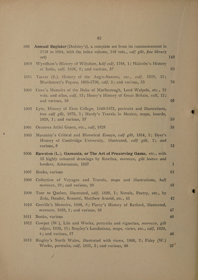 1000 1001 1002 1003 1004 1005 1006 1007 1008 1009 1010 1012 1013 1758 to 1904, with the index volume, 148 vols., calf gilt, fine library set) Wyndham’s History of Wiltshire, half calf, 1788, 1; Malcolm’s History of India, calf, 1826, 2; and various, 57 Turner '(S.),..History of the Angio-Saxons,. jetc., calf, 1826, 12% Marchmont’s Papers, 1685-1750, calf, 3; and various, 55 vols. and atlas, calf, 13; Henry’s History of Great Britain, calf, 12; and various, 39 Lyte, History of Eton College, 1440-1875, portraits and illustrations, tree calf gilt, 1875, 1; Hardy’s Travels in Mexico, maps, boards, 1829, 1; and various, 57 Oratores Attici Grece, etc., calf, 1828 Macaulay’s Critical and Historical Essays, calf gilt, 1854, 3; Dyer’s History of Cambridge University, illustrated, calf gilt, 2; and various, 8 Rawston (L.), Gamonia, or The Art of Preserving Game, etc., with 15 highly coloured drawings by Rawlins, morocco, gilt leaves and borders, Ackermann, 1837 Books, various Collection of Voyages and Travels, maps and illustrations, half morocco, 28; and various, 20 Tour to Quebec, illustrated, calf, 1820, 1; Novels, Poetry, etc., by Zola, Daudet, Rossetti, Matthew Arnold, etc., 41 Greville’s Memoirs, 1896, 8; Piercy’s History of Retford, illustrated, morocco, 1828, 1; and various, 38 Books, various Cowper (W.), Life and Works, portraits and vignettes, morocco, gilt edges, 1835, 15; Brayley’s Londiniana, maps, views, etc., calf, 1829, 4; and various, 27 Bingley’s North Wales, illustrated with views, 1800, 2; Paley (W.) Works, portraits, calf, 1821, 5; and various, 30 f 148 60 66 59 16 13 61 46 - a ee ee ee 