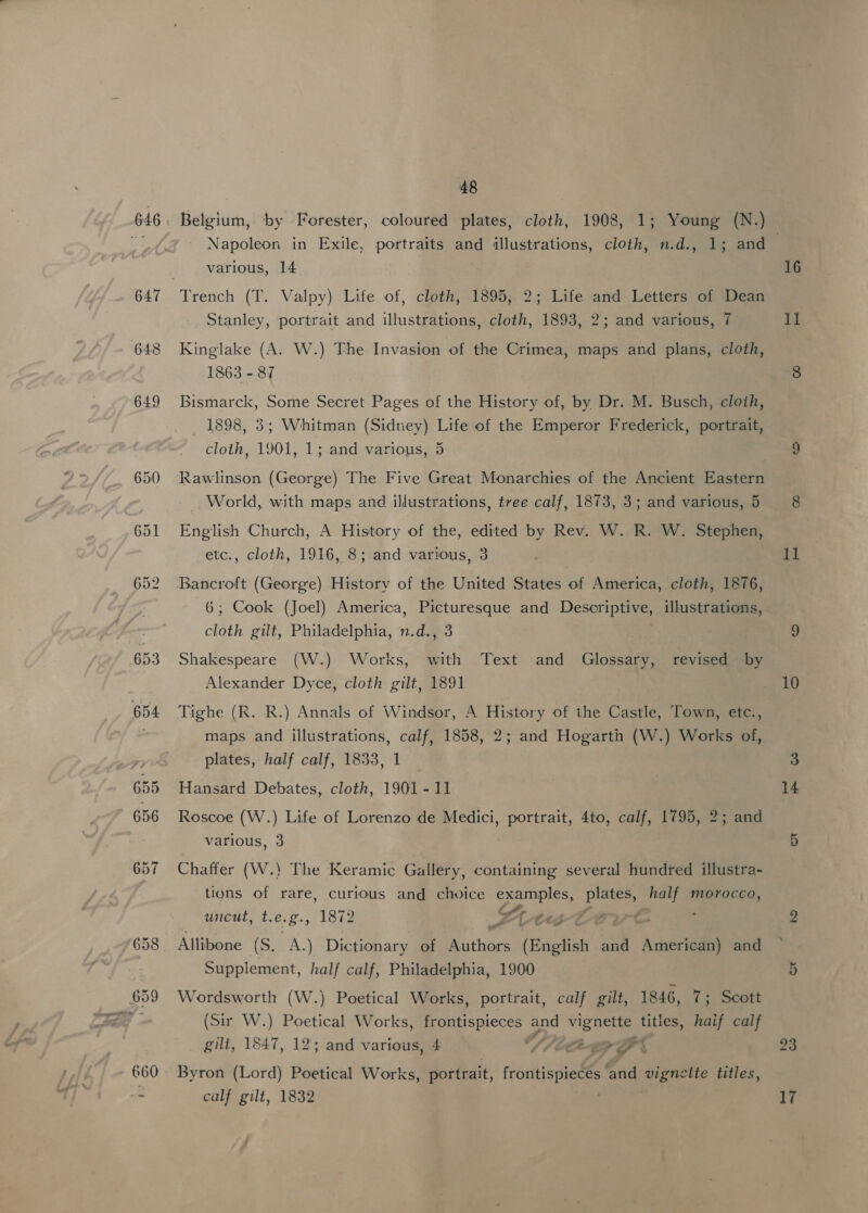 646 Napoleon in Exile, portraits and illustrations, cloth, n.d., 1; and various, 14 Stanley, portrait and illustrations, cloth, 1893, 2; and various, 7 Kinglake (A. W.) The Invasion of the Crimea, maps and plans, cloth, 1863 - 87 Bismarck, Some Secret Pages of the History of, by Dr. M. Busch, cloth, _ 1898, 3; Whitman (Sidney) Life of the Emperor Frederick, portrait, cloth, 1901, 1; and various, 5 Rawlinson (George) The Five Great Monarchies of the Ancient Eastern World, with maps and illustrations, tree calf, 1873, 3; and various, 5 English Church, A History of the, edited by Rev. W. R. W. Stephen, tc., cloth, 1916, 8; and various, 3 Bancroft (George) History of the United States of America, cloth, 1876, cloth gilt, Philadelphia, n.d., 3 Shakespeare (W.) Works, with Text and Glossary, revised~ by Alexander Dyce, cloth gilt, 1891 Tighe (R. R.) Annals of Windsor, A History of the Castle, Town, etc., maps and illustrations, calf, 1858, 2; and Hogarth (W.) Works of, plates, half calf, 1833, 1 Hansard Debates, cloth, 1901 - 11 Roscoe (W.) Life of Lorenzo de Medici, Raia 4to, calf, 1795, 2; and various, 3 Chaffer (W.) The Keramic Gallery, containing several hundred illustra- tions of rare, curious and chwice examples, oe half morocco, &amp; ov a uncut, te.g., 1872 Krewe Allibone (S. A.) Dictionary of athors (English and American) and Supplement, half calf, Philadelphia, 1900 Wordsworth (W.) Poetical Works, portrait, calf gilt, 1846, 7; Scott (Sir W.) Poetical Works, ee and pes titles, haif calf gilt, 1847, 12; and various, 4 OL a a Byron (Lord) Poetical Works, portrait, frontispieces and vignette titles, calf gilt, 1832 16 ti ce 10 14 or 17