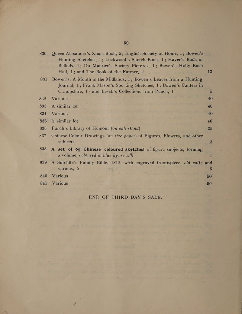 830 Queen Alexander’s Xmas Book, 5; English Society at Home, 1, Bowen’s - Hunting Sketches, 1; Lockwood’s Sketch Book, 1; Haver’s Book of Ballads, 1; Du Maurier’s Society Pictures, 1; Bowen’s Holly Bush Hall, 1; and The Book of the Farmer, 2 13 831 Bowen’s, A Month in the Midlands, 1; Bowen’s Leaves from a Hunting Journal, 1; Frank Mason’s Sporting Sketches, 1; Bowen’s Canters in Ciampshire, 1: and Leech’s Collections from Punch, 1 5 832 Various 40 833 A similar lot 40 834 Various 40 835 A similar lot 40 836 Punch’s Library of Humour (on oak stand) 25 837 Chinese Colour Drawings (on rice paper) of Figures, Flowers, and other subjects 3 838 A set of 65 Chinese coloured sketches of figure subjects, forming a volume, coloured in blue figure silk 1 839 <A Sutcliffe’s Family Bible, 1812, wth engraved frontispiece, old calf ; and various, 5 | 6 840 Various 50 841 Various 50 END OF THIRD DAY’S SALE.