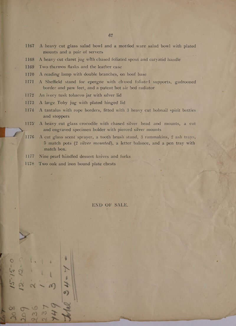  1177   67 A heavy cut glass salad bowl and a mottled ware salad bowl with plated mounts and a pair of servers A heavy cut claret jug with chased foliated spout and caryatid handle ‘Two thermos flasks and the leather case A reading lamp with double branches, on hoof base A Sheffield stand for epergne with chased foliated supports, gadrooned border and paw feet, and a patent het air bed radiator An ivory tusk tobacco jar with silver lid A large Toby jug with plated hinged lid A tantalus with rope borders, fitted with 3 heavy cut hobnail spirit bottles and stoppers 7 A heavy cut glass crocodile with chased silver head and mounts, a cut and engraved specimen holder with pierced silver mounts A cut glass scent sprayer, a tooth brush stand, 3 rammakins, 2 ash trays, 5 match pots (2 silver mounted), a letter balance, and a pen tray with match box. Nine pearl handled dessert knives and forks Fas END OF SALE. ore  eee ‘  2a DALAM NO pincete ACL ATER ALLE Beers 