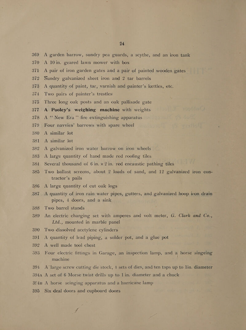 369 A garden barrow, sundry pea guards, a scythe, and an iron tank 370 A 10in. geared lawn mower with box 371 A pair of iron garden gates and a pair of painted wooden gates 372 Sundry galvanized sheet iron and 2 tar barrels 373 <A quantity of paint, tar, varnish and painter’s kettles, etc. 34. Two pairs of painter’s trestles 375 Three long oak posts and an oak pallisade gate 377 A Pooley’s weighing machine with weights 378 A ‘New Era’? fire extinguishing apparatus 379 Four navvies’ barrows with spare wheel 380 A similar lot 381 A similar lot 382 A galvanized iron water barrow on iron wheels 383 A large quantity of hand made red roofing tiles 384 Several thousand of 6 in. x 2in. red encaustic pathing tiles 385 Two ballast screens, about 2 loads of sand, and 12 galvanized iron core tractor’s pails 386 A large quantity of cut oak logs 387 A quantity of iron rain water pipes, gutters, and galvanized hoop iron drain pipes, 4 doors, and a sink 388 Two barrel stands 389 An electric charging set with amperes and volt meter, G. Clark and Co., Ltd., mounted in marble panel 390 ‘Two dissolved acetylene cylinders 391 <A quantity of lead piping, a solder pot, and a glue pot 392 A well made tool chest 393 Four electric fittings in Garage, an inspection lamp, and a horse singeing machine 394 A large screw cutting die stock, 4 sets of dies, and ten taps up to lin. diameter 3944 A set of 6 Morse twist drills up to lin. diameter and a chuck 3°4B A horse seinging apparatus and a hurricane lamp 395 Six deal doors and cupboard doors