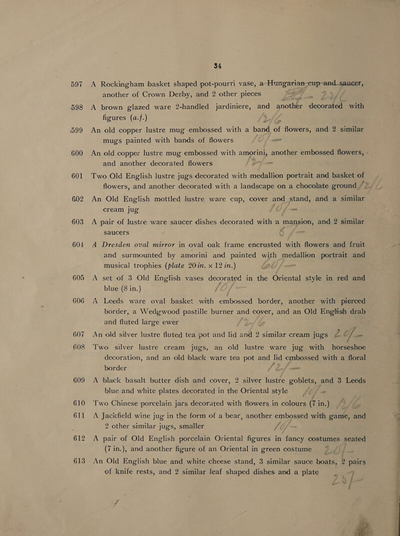 Or We) =~T 598 ‘099 600 601 602 603 604 605 606 34 A Rockingham basket shaped pot-pourri vase, a ba Sut ee another of Crown Derby, and 2 other pieces A brown glazed ware 2-handled jardiniere, and anoriee decorated with figures (a.f.) : é An old copper lustre mug embossed with a punk of flowers, and 2 similar mugs painted with bands of flowers An old copper lustre mug embossed with amorini, another embossed flowers, - and another decorated flowers Two Old English lustre jugs decorated with medallion portrait and basket of flowers, and another decorated with a landscape on a chocolate ground / - An Old English mottled lustre ware cup, cover and stand, and a similar cream jug i LO f— A pair of lustre ware saucer dishes decorated with a mansion, and 2 similar saucers f A Dresden oval mirror in oval oak frame encrusted with flowers and fruit and surmounted by amorini and painted with medallion portrait and musical trophies (plate 20in. x 12 in.) A set of 3 Old English vases decorated in the Oriental style in red and blue (8 in.) f é A Leeds ware oval basket with embossed border, another with pierced border, a Wedgwood pastille burner and cover, and an Old English drab and fluted large ewer An old silver lustre fluted tea pot and lid and 2 similar cream jugs Z¢ ie _ Two silver lustre cream jugs, an old lustre ware jug with horseshoe decoration, and an old black ware tea pot and lid embossed with a floral border ) ’ A black basalt butter dish and cover, 2 silver lustre goblets, and 3 Leeds blue and white plates decorated in the Oriental style - Two Chinese porcelain jars decorated with flowers in colours (7 in.) A Jackfield wine jug in the form of a bear, another en baaes with game, and 2 other similar jugs, smailer : A pair of Old English porcelain Oriental figures in fancy costumes seated (7 in.), and another figure of an Oriental in green costume An Old English blue and white cheese stand, 3 similar sauce boats, 9 pans of knife rests, and 2 similar leaf shaped dishes and a plate *) 