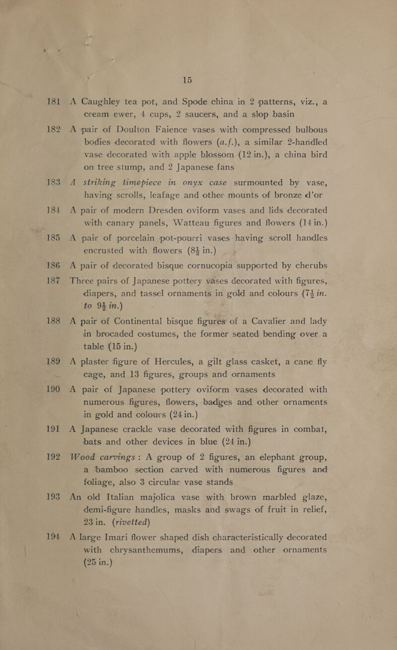 188 192 194 15 A Caughley tea pot, and Spode china in 2 patterns, viz., a cream ewer, 4 cups, 2 saucers, and a slop basin A pair of Doulton Faience vases with compressed bulbous bodies decorated with flowers (a.f.), a similar 2-handled vase decorated with apple blossom (12 in.), a china bird on tree stump, and 2 Japanese fans A striking timepiece in onyx case surmounted by vase, having scrolls, leafage and other mounts of bronze d’or A pair of modern Dresden oviform vases and lids decorated with canary panels, Watteau figures and flowers (14 in.) A pair of porcelain pot-pourri vases having scroll handles encrusted with flowers (84 in.) A pair of decorated bisque cornucopia supported by cherubs Three pairs of Japanese pottery vases decorated with figures, diapers, and tassel ornaments in gold and colours (74 in. ‘to 94 in.) A pair of Continental bisque figures of a Cavalier and lady in brocaded costumes, the former seated bending over a table (15 in.) A plaster figure of Hercules, a gilt glass casket, a cane fly _ cage, and 13 figures, groups and ornaments A pair of Japanese pottery oviform vases decorated with numerous figures, flowers, badges and other ornaments in gold and colours (24 in.) A Japanese crackle vase decorated with figures in combat, bats and other devices in blue (24 in.) Wood carvings: A group of 2 figures, an elephant group, a ‘bamboo section carved with numerous figures and foliage, also 3 circular vase stands An old Italian majolica vase with brown marbled glaze, demi-figure handles, masks and swags of fruit in relief, 23. in. (rivetted) A large Imari flower shaped dish characteristically decorated with chrysanthemums, diapers and other ornaments (25 in.)