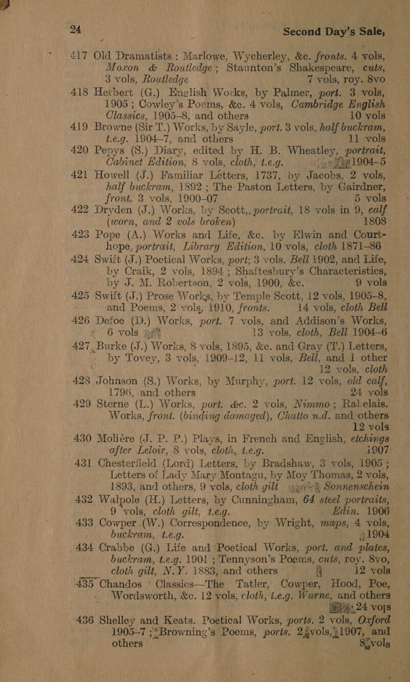 417 Old Dramatists : Marlowe, Wycherley, &amp;c. fronts. 4 vols, Moxon &amp; Routledge; Staunton’s Shakespeare, cuts, 3 vols, Routledge 7 vols, roy. 8vo 418 Herbert (G.) English Wocks, by Palmer, port. 3 vols, 1905 ; Cowley’s Poems, &amp;. 4 vols, Cambridge English _ Classics, 1905-8, and others 10 vols 419 Browne (Sir T.) Works, by Sayle, port. 3 vols, half buckram, t.e.g. 1904—7, and others 11 vols 420 Pepys (8.) Diary, edited by H. B. WER portrast, Cabinet Rdition, 8 vols, cloth, t.e.g. a Sew tte 1904—5 421 Howell (J.) Familiar Letters, 1737, oy ioe: 2 vols, half buckram, 1892 ; The: Paston Letters, by Gairdner, front. 3 vols, 1900- 07 5 vols 422 Dryden (J.) W ‘orks, by Scott,. portrait, 18 vols. in 9, set | (worn, and 2 vols broken) 1808 423 Pope (A.) Works and Life, &amp;c. by Elwin and Court- hope, vortrait, Inbrary Hdition, 10 vols, cloth 1871-86 424 Swiit (J.) Poetical Works, port; 3 vols. Bell 1902, and Life, by Craik, 2 vols, 1894 ; Shaftesbury’s Characteristics, by J. M. Robertson, 2 vols, 1900, &amp;c. 9 vols 425 Swift (J.) Prose Works, by Temple Scott, 12 vols, 1905-8, and Poems, 2 vols, 1910, fronts. 14 vols, cloth Bell 426 Defoe (D.) Works, port. 7 vols, and Addison’s Works, #2 6 vols ag 13 vols, cloth, Bell 1904-6 427 Burke (J.) Works, 8 vols, 1895, &amp;c. and Gray (T.) Letters, by Tovey, 3 vols, 1909-12, 11 vols, Bell, and 1 other 12 vols, cloth 498 in ohnson (8.) Works, by Murphy, port. 12 vols, old calf, 1796, and: others ; 24 vols 429 Sterne (L.) Works, port. &amp;c. 2 vols, Nummo ; Rabelais. Works, front. (binding damaged), Chatto n.d. ‘and others 12 vols 430 Moliére (J. P. P.) Plays, in French and English, etchings . after Leloir, 8 vols, cloth, f.e.g. i907: 431 Chesterfi eld (Lord) Letters, by Bradshaw, 3 vols, 1905 ; Letters of Lady Mary Montagu, by Moy ‘Thomas, 2 vols, | 1893, and others, 9 vols, cloth yilé Laaedy Sonnenschein 452 Walpole (H.) Letters, by Cunningham, 64 steel portraits, © 9 vols, cloth gilt, te.g. Edin. 1906 433 Cowper. (W.) Correspondence, by Wright, maps, 4 vols, buckram, t.e.g. | 31904 434 Crabbe (G.) Life and Poetical Works, port. and pla buckram, t.e.g. 1901 ; Tennyson’s Poems, cutis, roy. 8vo, cloth gilt, N.Y. 1883, and others id 12 vols— 435 Chandos ' Classics—The ‘Tatler, Cowper, Hood, Poe, Wordsworth, &amp;c. 12 vols, cloth, i.eg. Warne, and others _ Hik 24 VOTS 436 Shelley and Keats. Poetical Works, ports. 2 vals Oxford ; 1905-7 ;*Browning’s Poems, ports. 2.gvols,% 1907, and others , 8*volg 