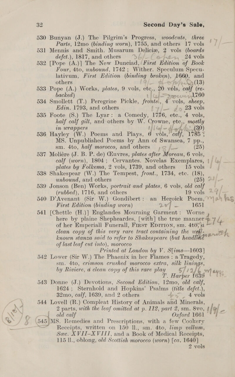 530 Bunyan (J.) The Pilgrim’s Progress, woodcuts, three Parts, 12mo (binding worn), 1755, and others 17 vols 531 Mennis and Smith. Musarum Delicive, 2 vols (boards defct.), 1817, and others Sf gn, 24 vols 532 [Pope bs | The New Dunciad, First Edition of Book Four, 4to, unbound, 1742 ; Wither. Speculum Specu- lativum, First. Edition (binding oe: A660. and others yet (13) 533 Pope (A.) Works, plates, 9 vols, ete,, 20 As Oy vai (re- backed) ope. cron ld 60 534 Smollett (T.) Peregrine Pickle, fronis., 4 vols, oe Edin. 1793, and others ifs , 23 vols 535 Foote (S.) The Lyar: a Comedy, 1776, ae ‘4 vols, half calf gilt, and others by W. Crowne, ‘ete., mostly in wrappers iGsa (30) 536 Hayley (W.) Poems and Plays, é ‘yols,! i th ‘1785 * MS. Unpublished Poems by Ann of Swansea, I -pps sm. 4to, half morocco, and others ,@ /__ (25) 537 Moliére (J. B. P. de) Gluvres, plates after Moreau, 6 vols, calf (worn), 1804 ; Cervantes. Novelas Exemplares, if plates by Wolhemes 2 vols, 1739, and others 15 vols 538 Shakespear (W.) The Tempest, front., 1734, etc. (18), unbound, and others (25) 539 Jonson (Ben) Works, portrait and plates, 6 vols, old calf (rubbed), 1716, and others 19 vols *%f= 540 D’Avenant (Sir W.) Gondibert: an Heroick Poem, *™!} 2% 2% First Edition (binding worn) i | 541 [Chettle (H.)] Englandes Mourning Garment: Worne here by plaine Shepheardes, [with] the true a Ti of her Emperiall Funerall, First Eprrion, sm. 4to;@ = Ate clean copy of this very rare tract containing the we I. known stanza said to refer to Shakespeare (but headlimeé of last leaf cut into), morocco Printed at London by V. S[ams—1603] 542 Lower (Sir W. ) The Phaenix in her Flames : a Tragedy, sm. 4to, crimson crushed morocco extra, silk po by Riviere, a clean copy of this rare play S/is ¥] e4y9 1. Harber 1639 tous 543 Donne (J.) Devotions, Second Edition, 12mo, old calf, 1624 ; Sternhold and Hopkins’ Psalms (title defct.), 32mo, calf, 1639, and 2 others ei — 4 vols 544 Lovell (R.) Compleat History of Animals rs Minerals, ~~ 2 parts, with the leaf omitted at p. 112, part 2, sm. 8vo, 49 o/ - ; old calf Oxford 1661 545) MS. Remedies and Prescriptions, with a few Cookery — Receipts, written on 150 Il, sm. 4to, limp vellum, Sec. XVII-X VIII, and a Book of Medical Receipts, 115 ll., oblong, old Scottish morocco (worn) [ca. 1640 |