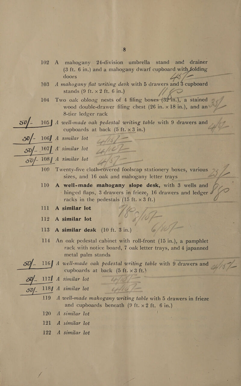 102 A mahogany 24-division umbrella stand and _ drainer (3 ft. 6 in.) and a mahogany dwarf cupboard with folding doors | 103. A mahogany flat writing desk with 5 drawers and 8 cupboard stands (9 itax 2a. .6an7 W/, Ca = ———— 104 Two oak oblong nests of 4 filing boxes (32 in.), a stained #, wood double-drawer filing chest (26 in. x 18 in.), and an\ ~_- 8-tier ledger rack i 00 05] A well-made oak pedestal writing table with 9 drawers and Sf cupboards at back (5 ft. x 3 in.) afl Ue re i 20/- 106f A similar lot ) fa 50f- lov] A similar lot P és Sso0f/- 108) A similar lot Z 109 Twenty-five cloth-covered foolscap stationery boxes, various sizes, and 16 oak and mahogany letter trays BY fo: FS Ma 4 110 A well-made mahogany slope desk, with 3 wells and rye ‘hinged flaps, 3 drawers in frieze, 16 drawers and ledger 7 _ racks in the pedestals (15 ft. x 3 ft.) on 111 A similar lot / te 112 A similar lot 113. A similar desk (10 ft. 3 in.) 114 An oak pedestal cabinet with roll-front (15 in.), a pamphlet rack with notice board, 7 oak letter trays, and 4 japanned metal palm stands SO} 116] A well-made oak pedestal writing table with 9 drawers and .. - 7 cupboards at back (5 ft. x 3 ft.) | 7 . 1174 A similar lot NS \ \ 50/. 118f A similar lot 119 A well-made mahogany writing table with 5 drawers in frieze and cupboards beneath (9 ft. x 2 ft. 6 in.) 120 A similar lot 121 A similar lot