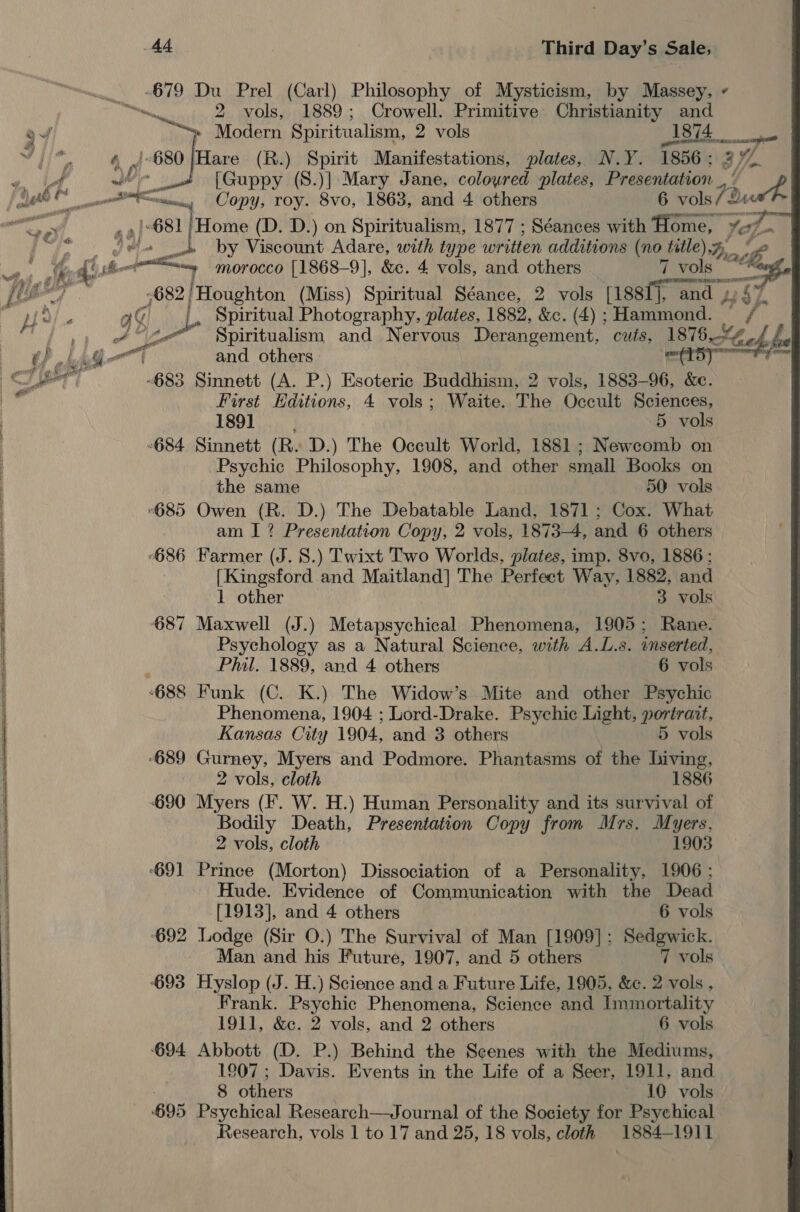 -679 iy Prel (Carl) Philosophy of Mysticism, by Massey, - 2 vols, 1889; Crowell. Primitive Christianity and  oy Re: Modern Spiritualism, 2 vols re ~)*. 4 J-680}Hare (R.) Spirit Manifestations, plates, N.Y. 1856; 3% Pa &gt; oY = [Guppy (S.)] Mary Jane, colowred plates, Presentation iq buh OO nee — Copy, roy. 8vo, 1863, and 4 others 6 vols 7 Du ee 681} Home (D. D.) on Spiritualism, 1877 ; Séances with Home, — Xe oe fe ‘iid page Su. 2 ‘val by Viscount Adare, with type written additions at title), Rass Men ak ted: jbo ee morocco [1868-9], &amp;c. 4 vols, and others 7 vols a jis i foe -682/Houghton (Miss) Spiritual Séance, 2 vols [1881 |, and , 43$; PORT Oo o @ |. Spiritual Photography, plates, 1882, &amp;c. (4) ; Hammond. Mf ‘f/f . yf“ 4 Spiritualism and Nervous Derangement, cuis, ate Ae CP eke tel aT and others 7 | err -683 Sinnett (A. P.) Esoteric Buddhism, 2 vols, 1883-96, &amp;e. Sug First Editions, 4 vols; Waite. The Occult Sciences, | TROT iin | 5 vols : -684 Sinnett (R. D.) The Occult World, 1881 ; Newcomb on Psychic Philosophy, 1908, and other small Books on | the same 50 vols | ‘685 Owen i D.) The Debatable Land, 1871 ; Cox. What am I ? Presentation Copy, 2 vols, 1873-4, and 6 others . ‘$86 Farmer (J. 8.) Twixt Two Worlds, plates, imp. 8vo, 1886: [Kingsford and Maitland] The Perfeet Way, 1882, and | 1 other 3 vols ‘687 Maxwell (J.) Metapsychical Phenomena, 1905; Rane. Psychology as a Natural Science, with A.L.s. inserted, Phil. 1889, and 4 others 6 vols ‘688 Funk (C. K.) The Widow’s Mite and other Psychic Phenomena, 1904 ; Lord-Drake. Psychic Light, portrait, Kansas City 1904, and 3 others 5 vols ‘689 Gurney, Myers and Podmore. Phantasms of the hiving, 2 vols, cloth 1886 ‘690 Myers (F. W. H.) Human Personality and its survival of Bodily Death, Presentation Copy from Mrs. Myers, 2 vols, cloth 1903 ‘691 Prince (Morton) Dissociation of a Personality, 1906; Hude. Evidence of Communication with the Dead [1913], and 4 others 6 vols 692 Lodge (Sir 0.) The Survival of Man [1909]: Sedgwick. Man and his Future, 1907, and 5 others 7 vols 693 Hyslop (J. H.) Science and a Future Life, 1905, &amp;¢. 2 vols. Frank. Psychic Phenomena, Science and Immortality 1911, &amp;c. 2 vols, and 2 others «6 vols 694 Abbott (D. P.) Behind the Scenes with the Mediums, 1907; Davis. Events in the Life of a Seer, 1911, and 8 others 10 vols ‘695 Psychical Research—Journal of the Society for Psychical Research, vols 1 to 17 and 25, 18 vols, cloth 1884-1911 