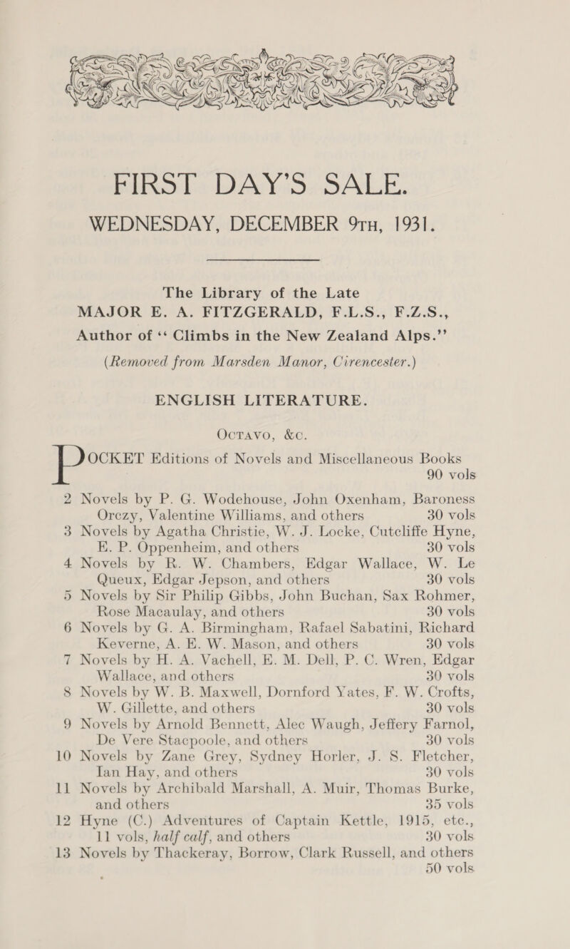  2 3 4 OU (oe) The Library of the Late MAJOR E. A. FITZGERALD, F.L.S., F.Z.S., Author of ‘‘ Climbs in the New Zealand Alps.”’ (Removed from Marsden Manor, Cirencester.) ENGLISH LITERATURE. OcTAvo, &amp;C. 90 vols Novels by P. G. Wodehouse, John Oxenham, Baroness Orezy, Valentine Williams, and others 30 vols Novels by Agatha Christie, W. J. Locke, Cutcliffe Hyne, K. P. Oppenheim, and others 30 vols Novels by R. W. Chambers, Edgar Wallace, W. Le Queux, Edgar Jepson, and others 30 vols Novels by Sir Philip Gibbs, John Buchan, Sax Rohmer, Rose Macaulay, and others 30 vols Novels by G. A. Birmingham, Rafael Sabatini, Richard Keverne, A. E. W. Mason, and others 30 vols Novels by H. A. Vachell, E. M. Dell, P. C. Wren, Edgar Wallace, and others 30 vols Novels by W. B. Maxwell, Dornford Yates, F. W. Crofts, W. Gillette, and others 30 vols Novels by Arnold Bennett, Alec Waugh, Jeffery Farnol, De Vere Stacpoole, and others 30 vols Novels by Zane Grey, Sydney Horler, J. 8S. Fletcher, Tan Hay, and others 30 vols Novels by Archibald Marshall, A. Muir, Thomas Burke, and others 35 vols Hyne (C.) Adventures of Captain Kettle, 1915, etc., 11 vols, half calf, and others 30 vols Novels by Thackeray, Borrow, Clark Russell, and others 50 vols