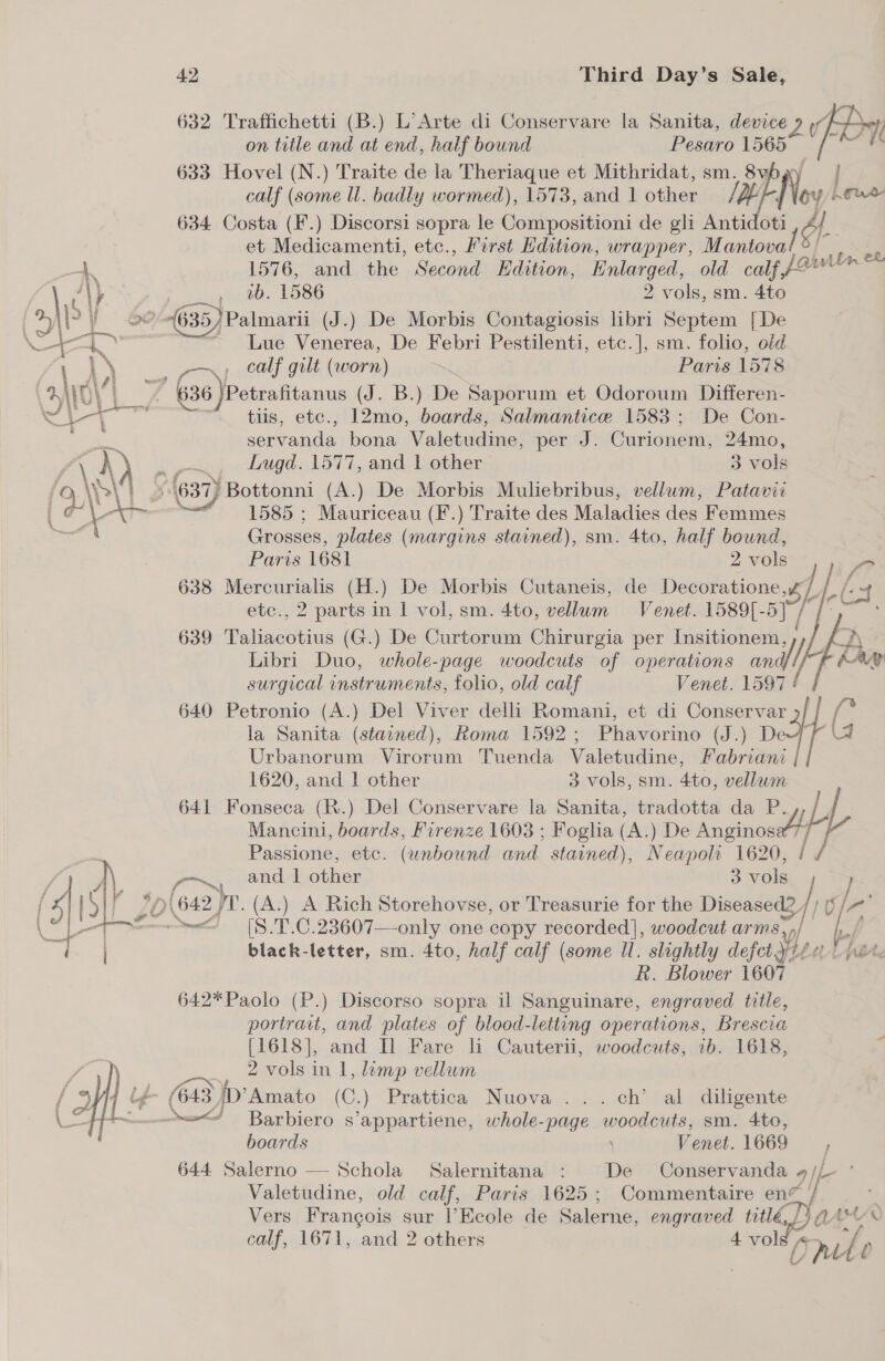 /  632 Traffichetti (B.) L’ Arte di Conservare la Sanita, device ¥. fF 9H) on title and at end, half bound Pesaro aa eae 633 Hovel (N.) Traite de la Theriaque et Mithridat, sm. 8v, | calf (some ll. badly wormed), 1573, and 1 other FMNes heue 634 Costa (F.) Discorsi sopra le Compositioni de gli Antidoti a et Medicamenti, etc., Merst Hdition, wrapper, Mantoval ‘a 1576, and the Second Edition, Hnlarged, old calf Jo 1b. 1586 2 vols, sm. 4to 335/Palmarii (J.) De Morbis Contagiosis libri Septem [De Lue Venerea, De Febri Pestilenti, etc.], sm. folio, old , calf gilt (worn) Paris 1578 ~ 636 Petrafitanus (J. B.) De Saporum et Odoroum Differen- tis, etc., 12mo, boards, Salmantice 1583; De Con- and bona Valetudine, per J. Curionem, 24mo, ‘ Lugd. 1577, and 1 other &gt; 3 vols (6377 Bottonni (A.) De Morbis Muliebribus, vellwm, Patavii . 1585 ; Mauriceau (F.) Traite des Maladies des Femmes Grosses, plates (margins stained), sm. 4to, half bound, Paris 1681 2 vols &gt;  638 Mercurialis (H.) De Morbis Cutaneis, de Decoratione 1 1 i (x etc., 2 parts in | vol, sm. 4to, vellum Venet. 1589[- 5] / te 639 Taliacotius (G.) De Curtorum Chirurgia per Insitionem ei Libri Duo, whole-page woodcuts of operations =i KAW surgical instruments, folio, old calf Venet. 1597 640 Petronio (A.) Del Viver delli Romani, et di Conservar S la Sanita (starned), Roma 1592; Phavorino (J.) De (4 Urbanorum Virorum Tuenda Valotudine) Fabriani | 1620, and | other 3 vols, sm. 4to, vellum 641 Fonseca (R.) Del Conservare la Sanita, tradotta da P Mancini, boards, Firenze 1603 ; Foglia (A.) De Anginowtey fd Passione, etc. (unbound nds stained), Néapol 1620, yo, and 1 other 3 vols D 642 yt. (A.) A Rich Storehovse, or Treasurie for the oH ane? if ~~ [8.T.C.23607—only one copy recorded], woodcut arms  black-letter, sm. 4to, half calf (some Ul. slightly defect J: J R. Blower 1607 642*Paolo (P.) Discorso sopra il Sanguinare, engraved title, portrait, and plates of blood-letting operations, Brescia [1618], and Il Fare li Cauterii, woodcuts, ib. 1618, : 2 vols in 1, lump vellum ma) D'Amato ( (C.) Prattica Nuova ... ch’ al diligente \&lt;/ Barbiero s'appartiene, whole-page woodcuts, sm. 4to, boards , Venet. 1669 644 Salerno — Schola_ Salernitana : De Conservanda 9llK Valetudine, old calf, Paris 1625; Commentaire en@_ Vers Frangois sur l’Ecole de Salerne, engraved title Da Ut&lt; calf, 1671, and 2 others 4 vols f, Cnele