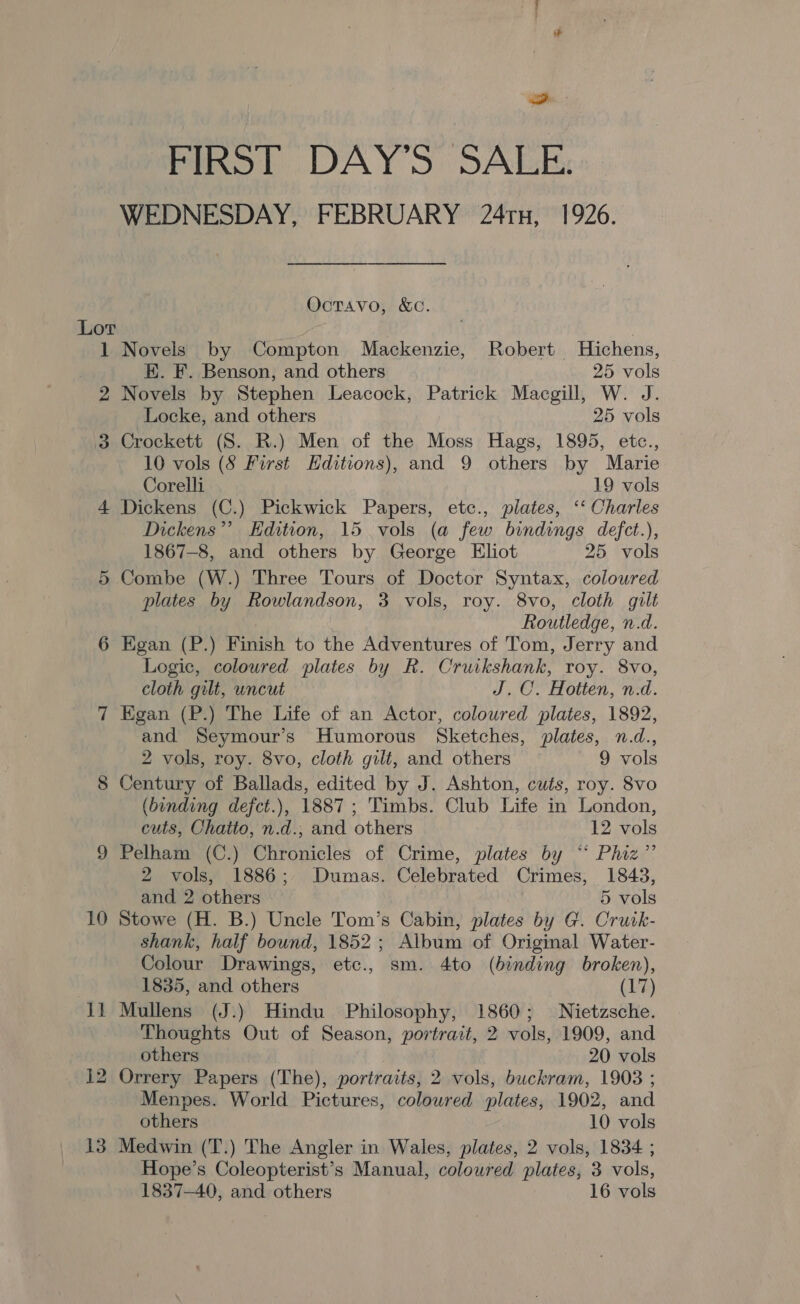 Lor 1 2 3 ~] 10 1 jes 12 13 a FIRST DAY'S SALE. OcTAVo, &amp;C. Novels by Compton Mackenzie, Robert Hichens, E. F. Benson, and others 25 vols Novels by Stephen Leacock, Patrick Macgill, W. J. Locke, and others 25 vols Crockett (S. R.) Men of the Moss Hags, 1895, etc., 10 vols (8 First Hditions), and 9 others by Marie Corelli 19 vols Dickens (C.) Pickwick Papers, etc., plates, ‘‘ Charles Dickens”’ Edition, 15 vols (a few bindings defct.), 1867-8, and others by George Eliot 25 vols Combe (W.) Three Tours of Doctor Syntax, coloured plates by Rowlandson, 3 vols, roy. 8vo, cloth gilt Routledge, n.d. Egan (P.) Finish to the Adventures of Tom, Jerry and Logic, coloured plates by R. Cruikshank, roy. 8vo, cloth gilt, uncut J.C. Hotten, n.d. Egan (P.) The Life of an Actor, coloured plates, 1892, and Seymour’s Humorous Sketches, plates, n.d., 2 vols, roy. 8vo, cloth gilt, and others 9 vols Century of Ballads, edited by J. Ashton, cuts, roy. 8vo (binding defct.), 1887; 'Timbs. Club Life in London, cuts, Chatto, n.d., and others 12 vols Pelham (C.) Chronicles of Crime, plates by “* Phiz”’ 2 vols, 1886; Dumas. Celebrated Crimes, 1843, and 2 others 5 vols Stowe (H. B.) Uncle Tom’s Cabin, plates by G. Cruik- shank, half bound, 1852; Album of Original Water- Colour Drawings, etc., sm. 4to (binding broken), 1835, and others (17) Mullens (J.) Hindu Philosophy, 1860; Nietzsche. Thoughts Out of Season, portrait, 2 vols, 1909, and others 20 vols Orrery Papers (The), portraits, 2 vols, buckram, 1903 ; Menpes. World Pictures, coloured plates, 1902, and others 10 vols Medwin (T.) The Angler in Wales, plates, 2 vols, 1834 ; Hope’s Coleopterist’s Manual, coloured plates, 3 vols, 1837-40, and others 16 vols
