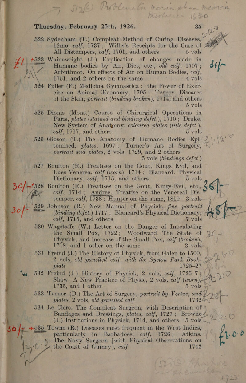  522 Sydenham (T.) Compleat Method of Curing Diseases,” % 12mo, calf, 1737; Willis’s Receipts for the Cure of 2 , All Distempers, calf, 1701, and others — 5 vols 7 $523. Wainewright (J.) Explication of changes made in Humane bodies by Air, Diet, etc., old calf, 1707; d4/~ p\7 Arbuthnot. On effects of Air on Human Bodies, calf, ’ \ 1751, and 2 others on the same . . 4 vols 54 Fuller (F.) Medicina Gymnastica: the Power of Exer- cise on Animal Ciconomy, 1705; Trrrer. Diseases of the Skin, portrait (binding broken), sive and others 5 vols 525 Dionis (Mons.) Course of Dhiririaael Operations in Paris, plates (stained and binding defct.), 1710; Drake. New System of Anatomy, coloured ilies (title defct.), calf, 1717, and others 5 vols ie 526 Gibson (T.) The Anatomy of Humane Bodies Epi- /,\.\\\' ~ tomised, plates, 1697; Turner’s Art of Surgery, | portrait and plates, 2 vols, 1729, and:2 others 5 vols (bindings defct.) 527 Boulton (R.) Treatises on the Gout, Kings Evil, and Lues Venerea, calf (worn), 1714; Blancard. Physical . Dictionary, calf, 1715, and others 5 vols ett _¥598 Boulton (R.) Treatises on the Gout, Kings-Evil, etc. 36h 4 i calf, 1714 ; Andree. Treatise on the Weucreal Dis- temper, calf, 1738; Hunter on the same, 1810 3vols , #3 ne 529 Johnson (R.) New Manual of Physick, fine portrait mR go ‘aie 7 m= (binding defect.) 1717 ; Blancard’s Physical Dictionary, “ at Ae calf, 1715, ha others vols “\~— 530 Wagstafie (W.) Letter on the Danger of Inoculating the Small Pox, 1722; Woodward. The State of 9()~— Physick, and increase of the Small Pox, calf (broken), ~ 1718, and 1 other on the same 3 vols 53] Freind (J.) The History of Physick, from Galen to 1500, A. 4) i : 2 vols, old panelled calf, with the Syston Park Book- ; 3 plate 1725-27 | 4 “ws 532 Freind (J.) History of Physick, 2 vols, calf, 1725- i {) vO Shaw. A New Practice of Physic, 2 vols, calf (worn) =” <a 1735, and 1 other 5 vols ° nm 533 Turner (D.) The Art of Surgery, portrait by Vertue, and“ q 26 Bd plates, 2 vols, old panelled calf. 17324 | 534 Le Clerc. The Compleat Surgeon, with Description of /\ | Bandages and Dressings, plates, calf, 1727 ; Browne / PQ My BS (J.) Institutions in Physick, 1714, and others Bwoliki tes em : 539 Towne (R.) Diseases most frequent in the West Indies, usm particularly in Barbadoes, calf, 1726; Atkins. 4: 0:0 1,'0 | D    The Navy Surgeon [with Physical Observations on the Coast of Guiney], calf 1742