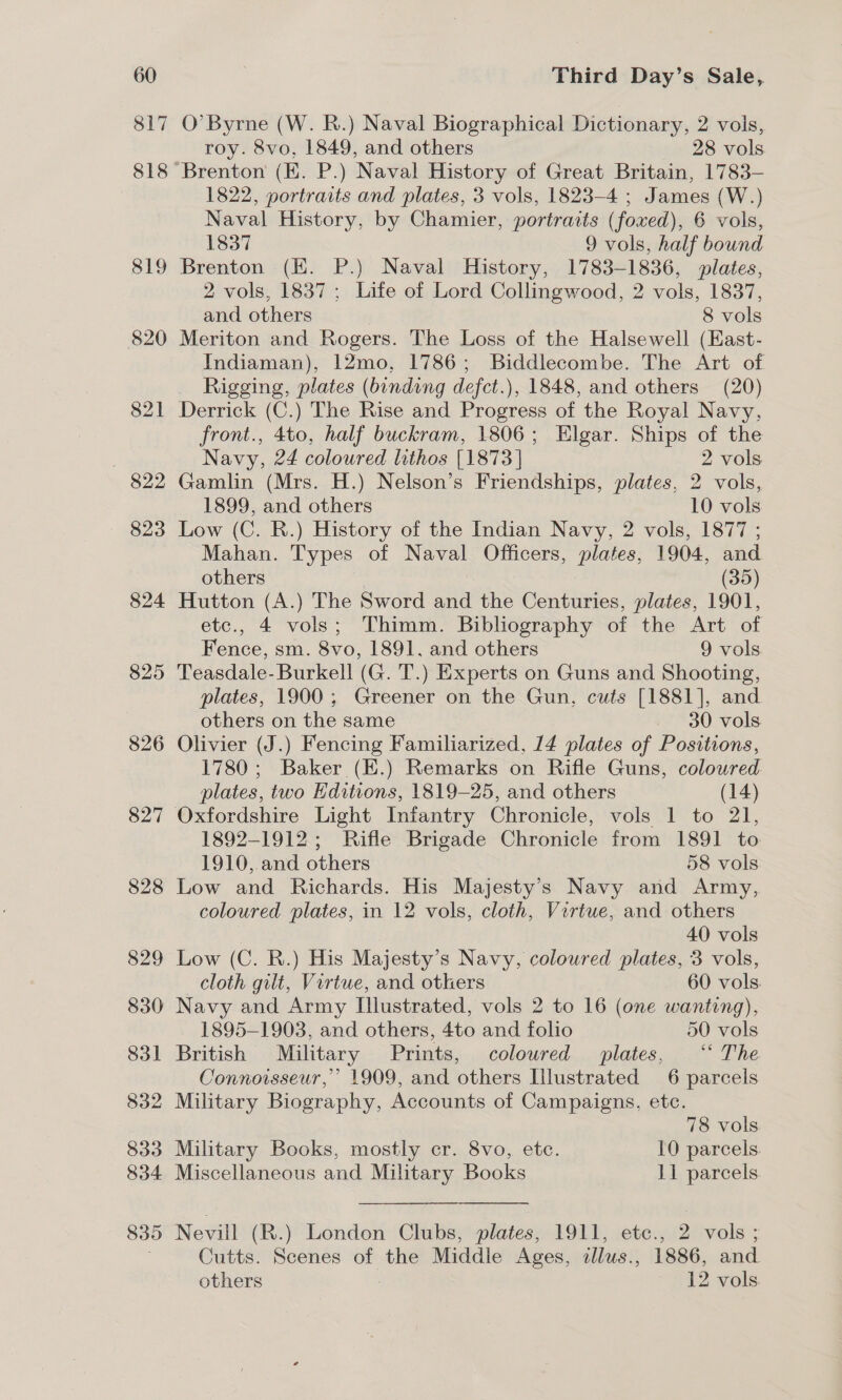 817 ~ 818 819 820 821 822 823 824 825 826 827 O’ Byrne (W. R.) Naval Biographical Dictionary, 2 vols, roy. 8vo, 1849, and others 28 vols 1822, portraits and plates, 3 vols, 1823-4 ; James (W.) Naval History, by Chamier, portraits (foxed), 6 vols, 1837 9 vols, half bound Brenton (KE. P.) Naval History, 1783-1836, plates, 2 vols, 1837; Life of Lord Collingwood, 2 vols, 1837, and others 8 vols Meriton and Rogers. The Loss of the Halsewell (EKast- Indiaman), 12mo, 1786; Biddlecombe. The Art of Rigging, plates (binding defct.), 1848, and others (20) Derrick (C.) The Rise and Progress of the Royal Navy, front., 4to, half buckram, 1806; Elgar. Ships of the Navy, 24 coloured lithos [1873] 2 vols Gamlin (Mrs. H.) Nelson’s Friendships, plates, 2 vols, 1899, and others 10 vols Low (C. R.) History of the Indian Navy, 2 vols, 1877 ; Mahan. Types of Naval Officers, plates, 1904, and others (35) Hutton (A.) The Sword and the Centuries, plates, 1901, etc., 4 vols; Thimm. Bibliography of the Art of Fence, sm. 8vo, 1891, and others 9 vols Teasdale-Burkell (G. T.) Experts on Guns and Shooting, plates, 1900; Greener on the Gun, cuts [1881], and others on the same 30 vols Olivier (J.) Fencing Familiarized, 14 plates of Positions, 1780; Baker (E.) Remarks on Rifle Guns, colowred plates, two Editions, 1819-25, and others (14) 1892-1912; Rifle Brigade Chronicle from 1891 to 1910, and others 58 vols Low and Richards. His Majesty’s Navy and Army, coloured plates, in 12 vols, cloth, Virtue, and others 40 vols Low (C. R.) His Majesty’s Navy, coloured plates, 3 vols, cloth gilt, Virtue, and others 60 vols | Navy and Army Illustrated, vols 2 to 16 (one wanting), 1895-1903, and others, 4to and folio 50 vols British Military Prints, coloured plates, “The Connoisseur,’ 1909, and others Illustrated 6 parcels Military Biography, Accounts of Campaigns, etc. 78 vols Military Books, mostly cr. 8vo, etc. 10 parcels. Miscellaneous and Military Books 11 parcels. Nevill (R.) London Clubs, plates, 1911, etc., 2 vols ; Cutts. Scenes of the Middle Ages, allus., 1886, and others : 12 vols.