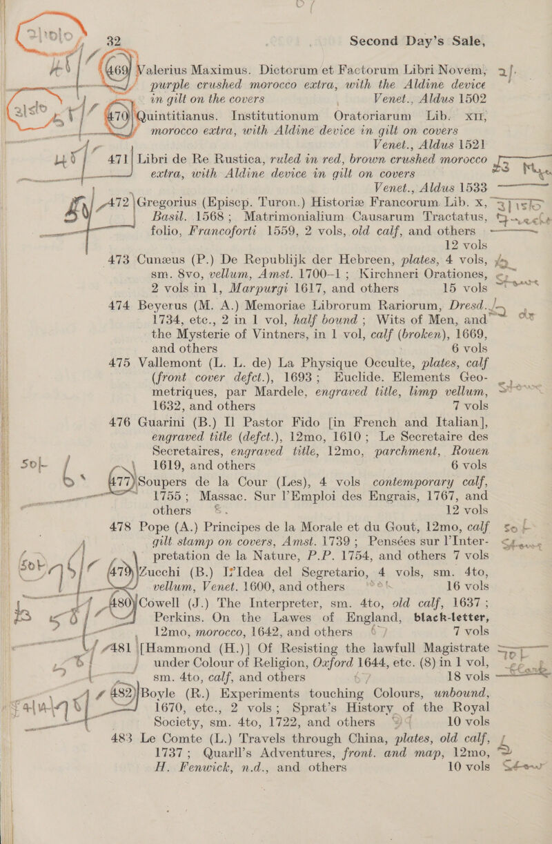 Valerius Maximus. Dictorum et Factorum Libri Novem; 2], wane F fs peanie crushed morocco extra, with the Aldine device ~y - on gilt on the covers . Venet., Aldus 1502 470) Quintitianus. Institutionum Oratoriarum Lib. xt, “j' morocco extra, with Aldine device in gilt on covers  extra, with Aldine device in gilt on covers | Venet., Aldus 1533 A712 \ \Gregorius (Episcp. Turon.) Historiee Francorum. Lib. X, a)pislo “Bick 1568; Matrimonialium. Causarum Tractatus, Soecle folio, Francoforti 1559, 2 vols, old calf, and others »=—----~ | + 12 vols | 473 Cuneus (P.) De Republijk der Hebreen, plates, 4 vols, /» ae | sm. 8vo, vellum, Amst. 1700-1 ; ren Orationes, ¢, _ i 2 vols in 1, Marpurgi 1617, and others 15 vols = Sam i 474 Beyerus (M. A. ) Memoriae Librorum Rariorum, Dresd.. = : 1734, etc., 2 in 1 vol, half bound ; Wits of Men, and” ~ the Mysterie of Vintners, in 1 vol, calf ( (brokea), 1669, and others 6 vols 475 Vallemont (L. L. de) La Physique Heoultn, plates, calf (front cover defct.), 1693; Euclide. Elements Geo- _ ,_ metriques, par Mardele, engraved title, limp vellum, &gt; ~~~ 1632, and others 7 vols 476 Guarini (B.) Il Pastor Fido [in French and Italian], engraved title (defct.), 12mo, 1610; Le Secretaire des Secretaires, engraved title, 12mo, parchment, Rouen | 3 v Venet., Aldus 1521 LU y ia 471 | Libri de Re Rustica, ruled in red, brown crushed morocco ae 2    i G fi         ae | 1619, and others 6 vols by ° 77)Soupers de la Cour (Les), 4 vols contemporary calf, emo ~ 1755: Massac. Sur Emploi des Engrais, 1767, and others &amp;. 12 vols 478 Pope (A.) Principes de la Morale et du Gout, 12mo, calf &lt;5 + gilt. stamp on covers, Amst. 1739; Pensées sur PInter- &lt;4... _ pretation de la Nature, P.P. 1754, and others 7 vols : ok (B.) I’Idea del Segretario, 4 vols, sm. 4to, vellum, Venet. 1600, and others ot. 16 vols O¥Cowell (J.) The Interpreter, sm. 4to, old calf, 1637 ; : i Perkins. On the Lawes of England, black-letter, ee os , 12mo, morocco, 1642, and others 4°} 7 vols ‘ f 481 [Hammond (H.)] Of Resisting the lawfull Magistrate sel Lm bi! - under Colour of Religion, so ee etc. (8)in l vol, “,/ &lt;4 sm. 4to, calf, and otbers 18 vols — }Boyle (R.) Experiments racked Colours, unbound, 1670, etc., 2 vols; Sprat’s History of the Royal Society, sm. Ato, 1722, and others | 10 vols 483 Le Comte (L.) Travels through China, plates, old calf, L 1737; Quarll’s Adventures, front. and map, 12mo, “&gt;  