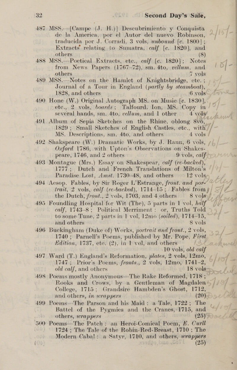 489 } 490 491 492 493 494 A495 496 497 498 499 ‘500 MSS.-—[Campe (J. H.)] Descubrimiento y Conquista | de la America, por el Autor del nuevo. Robinson, ~~/ traducida por J. Corradi, 3 vols, unbound [e. 1800) ; Extracts’ relating to agg calf [c. 1820], and others (8) MSS.——Poetical Extracts, etc., calf [c. 1820]; Notes | from News Papers (1767-72), sm. 4to, vellum, agid.&lt; SR others 7 Epis : Second Day’s Sale, : : Journal of a Tour in England ( pene y by steamboat), 1828, and others 6 vols Hone (W.) Original Autograph MS. on. Music ie. 1830],. -ete., 2 vols, boards; Talfourd. Ion, MS. Copy in / several hands, sm. 4to, vellum, and | other 4 vols’ - Album of Sepia Sketches on the Rhine, oblong vO, y 1829; Small Sketches of English Castles, etc., w ith / MS. Descriptions, sm.-4to, and others — &gt; 4 vols / Shakspeare (W.) Dramatic Works, by J. Rann, 6 vols, . Oxford 1786, with Upton’s Observations on Shakes- peare, 1746, and 2 others 9 vols, calf 1777; Dutch and French Translations of Milton’s Patadise Lost, Amst. 1730-48, and others — 12 volsg, z, Aesop. Setar by Sir Roger L’Estrange, front. and por- ~~~ trait, 2 vols, calf {re-backed), 1714-15; . Fables ee: 4 the Dutch, front. ., 2 vols, 1703, and 4 others 8 volley ff won Foundling Hospital for Wit (The), 5 i in 1 vol, haif calf, 1743-8 ; Political Merriment : Truths Told to some Tune, 2 parts in 1 vol, 12mo (soiled); 1714-15, ~ and others - vols Buckingham (Duke of) Ww orks, Aavernik and front., 2 vols, 1740 ; Parnell’s Poems, published by Mr. pope First Edition, 1737, ete. (2), in 1 vol, and others 10 vols, old calf Ward (T.) England’s Redorkh dhion) plates, 2 vols, 12mo, 1747; Prior’s Poems, fronts., 2 vols, 12mo, 1741-2, old calf, and others 18 vols Poems mostly Anonymous——The Rake Rotsnied LAS . Rooks and Crows, by a Gentleman of age 4 j4S/ College, 1715; Grandsire Hambden’s Ghost, 1712, — and others, in wrappers | Gs: (20). Poems~—-The Parson and his Maid: a Tale, 1722; The Battel of the Pygmies and the Cranes, ‘17 15, and others, wrappers , (25)&gt; Poems—-The Patch : an Heroi- Gomitiid Poem, EF. Curll 1724 ; The Tale of the Robin-Red-Breast, 1710 ; The Modern Cabal: a Satyr, ee, and others, wrappers | ohare | a (25)