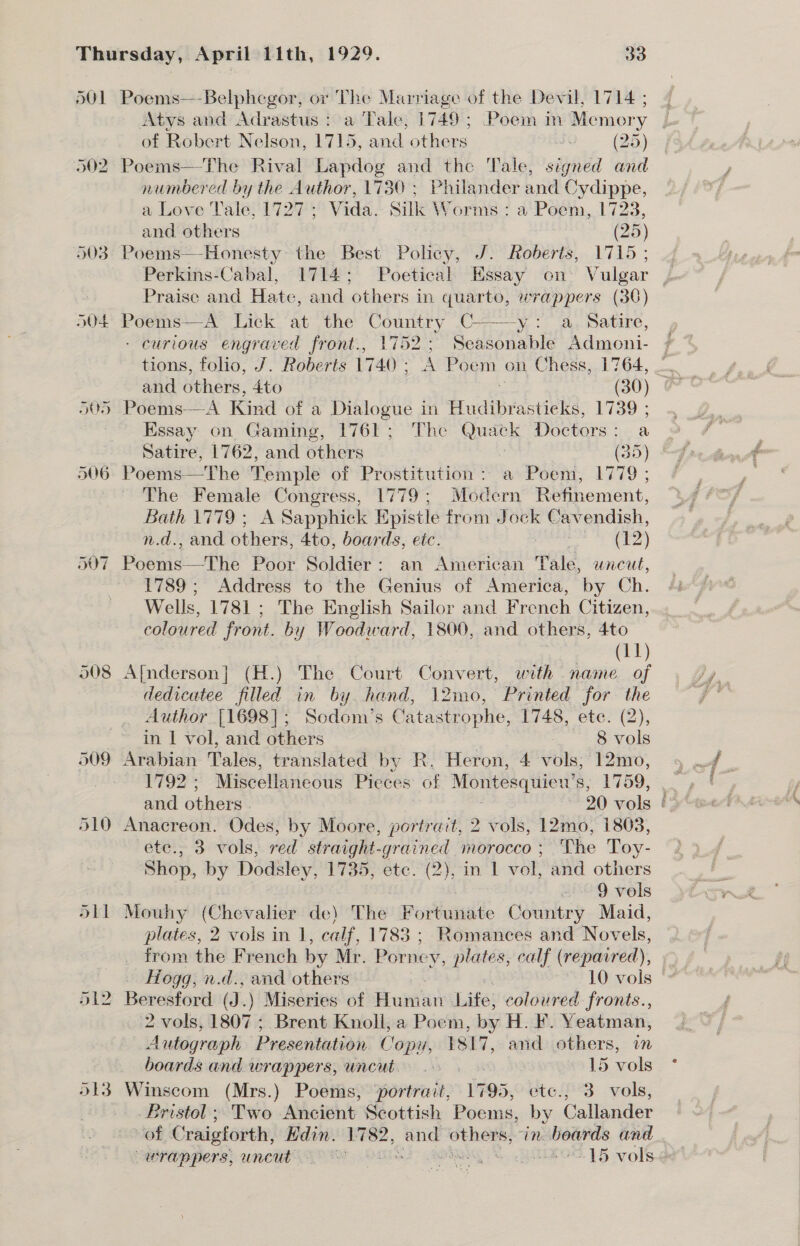 dO] 302 503 SOF DOD 506 508 511 BES Poems—-Belphegor, or The Marriage of the Devil, 1714 ; Atys and Adrastus : a Tale, 1749; Poem in Memory of Robert Nelson, 1715, and others : (25) Poems—The Rival Lapdog and the Tale, signed and numbered by the Author, 1730; Philander and Cydippe, a Love Tale, 1727 ; Vida. Silk Worms : a Poem, 1723, and others (25) Poems—-Honesty: the Best Policy, J. Roberts, 1715; Perkins-Cabal, 1714; Poetical Essay on Vulgar Praise and Hate, and others in quarto, wrappers (36) Poems—A Lick at the Country C—— y: &amp;, Satire, - curious engraved front., 1752; Seasonable Admoni- tions, folio, J. Roberts 1740 - A Poem on Chess, 1764, Poems—A Kind of a Dialogue in Hudibrasticks, P7309; « Essay on Gaming, 1761; The Quack Doctors: a Satire, 1762, and others (35) Poems—The Temple of Prostitution : a Poem, 1779 ; The Female Congress, 1779; Modern Refinement, Bath 1779 ; A Sapphick Bpistle from Jock Cavendish, n.d., and others, 4to, boards, etc. pee Tt Welee | 1789; Address to the Genius of America, by Ch. Wells, 1781 ; The English Sailor and French Citizen, coloured front. by Woodward, 1800, and others, 4to (11) Afnderson] (H.) The Court Convert, with name of dedicatee filled in by. hand, \2mo, Printed for the Author [1698]; Sedom’s Catastrophe, 1748, ete. (2), in 1 vol, and others 8 vols Arabian Tales, translated by R. Heron, 4 vols; 12mo, 1792; Miscellaneous Pieces of Montesquien’s, 1759, . and others | 20 vols § Anacreon. Odes, by Moore, portrait, 2 vols, 12mo, 1808, éte:; 3: vols, red straight-grained morocco; The Toy- Shop, by Dodsley, 1735, ete.(2), in ‘1 vol, and others . 9 vols Mouhy (Chevalier de) The F witha to Cetintey Maid, plates, 2 vols in 1, calf, 1783 ; Romances and Nov els, from the French by Mr. Porney, plates, calf (repaired), 2 vols, 1807 ; Brent Knoll, a Poem, by H. F. Yeatman, Autograph Presentation Copy, 1817 , and others, in boards and wrappers, uncut. 15 vols Winscom (Mrs.) Poems, ‘portrait, 1795, etc., 3. vols, Eristol ; Two Ancient Scottish Poems, by Callander of Craigforth, Edin. seve! ae others; iN: de Si and