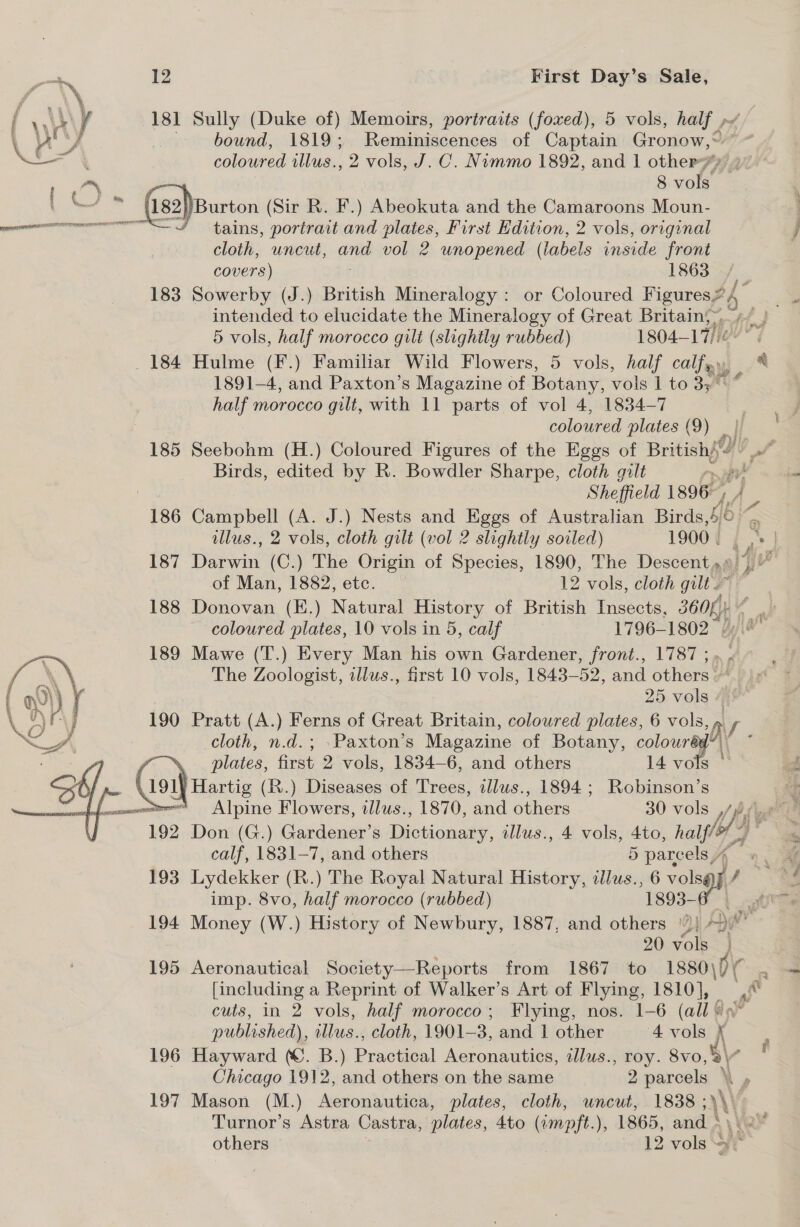 7 i vale! y 181 Sully (Duke of) Memoirs, portraits (foxed), 5 vols, nibly 7 \ Wiz bound, 1819; Reminiscences of Captain Gronow,? te | coloured illus. ,2 vols, J. C. Nummo 1892, and 1 other?) en 8 vols 4 i ~ fis2)Burton (Sir R. F.) Abeokuta and the Camaroons Moun- : meramarereernecennewm SF tains, portrait and plates, First Edition, 2 vols, original } cloth, uncut, as vol 2 unopened (labels inside front covers) 1863 183 Sowerby (J.) British Mineralogy: or Coloured Seale, » intended to elucidate the Mineralogy of Great Britain,.,») 5 vols, half morocco gilt (slightly rubbed) 1804-1712 _ 184 Hulme (F.) Familiar Wild Flowers, 5 vols, half calf»), 1891-4, and Paxton’s Magazine of Botany, vols 1 to By8 half morocco gilt, with 11 parts of vol 4, 1834-7 coloured plates (9) | 185 Seebohm (H.) Coloured Figures of the Eggs of British; Me A ; Birds, edited by R. Bowdler Sharpe, cloth gilt rpiey, J a ! Sheffield 1896- AAs 186 Campbell (A. J.) Nests and Eggs of Australian Birds, be illus., 2 vols, cloth gilt (vol 2 slightly soiled) 19000 {> | 187 Darwin (C.) The Origin of Species, 1890, The Descent ralph of Man, 1882, etc. 12 vols, cloth gilt 188 Donovan (E.) Natural History of British Insects, sooth coloured plates, 10 vols in 5, calf 1796-1802 189 Mawe (T.) Every Man his own Gardener, front., 1787; » . The Zoologist, illus., first 10 vols, 1843-52, and others ~ 25 vols 190 Pratt (A.) Ferns of Great Britain, coloured plates, 6 vols, p, f cloth, n.d.; .Paxton’s Magazine of Botany, colour by || f    ' plates, first 2 vols, 1834-6, and others 14 vols * td a: Com) rants (R.) Diseases of Trees, illus., 1894; Robinson’s comfopomar= Alnine Flowers, tllus., 1870, and others 30 vols 192 Don (G.) Gardener’s Dictionary, illus., 4 vols, 4to, nats e calf, 1831-7, and others 5 parcels, / i 193 Lydekker (R.) The Royal Natural History, ilus., 6 volsp / eg imp. 8vo, half morocco (rubbed) 1893-8 4 fhe 194 Money (W.) History of Newbury, 1887, and others ‘| Ya 20 vols | 195 Aeronautical Society—Reports from 1867 to oy Gd - [including a Reprint of Walker’s Art of Flying, 1810], _ cuts, in 2 vols, half morocco; Flying, nos. 1-6 (all &amp; published), illus., cloth, 1901-3, and 1 other 4 vols kr: 196 Hayward ©. B ) Practical Aeronautics, illus., roy. 8vo, Vv Chicago 1912, ie others on the same 2 parcels XN» 197 Mason (M.) Aeronautica, plates, cloth, uncut, 1838 \\' | Turnor’s Astra Castra, plates, Ato ( (impft.), 1865, and * y ee others 12 vols =