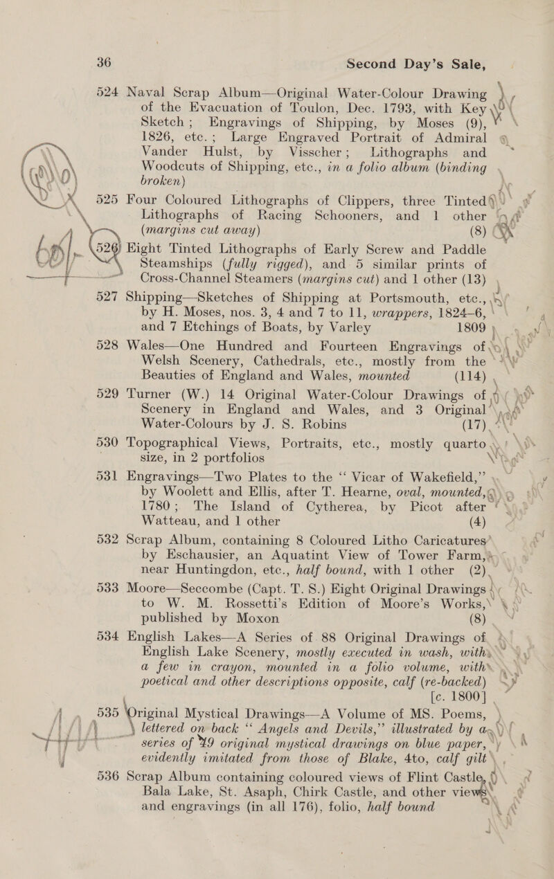 524 Naval Scrap Album—Original Water-Colour Drawing \ ; of the Evacuation of Toulon, Dec. 1793, with Key * \ Sketch ; Engravings of Shipping, by Moses (9), 1826, ete. : Large Engraved Portrait of Admiral Vander Hulst, by Visscher; Lithographs and Woodcuts of Shipping, etc., in a folio album (binding broken) 525 Four Coloured Lithographs of Clippers, three Tinted) Lithographs of Racing Schooners, and 1 other fn ‘ (margins cut away) (8) ¢ a O24 ) Kight Tinted Lithographs of Karly Screw and Paddle \, Steamships (fully rigged), and-5 similar prints of ' Cross-Channel Steamers (margins cut) and 1 other (13) , 527 Shipping—Sketches of Shipping at Portsmouth, etc. ay by H. Moses, nos. 3, 4 and 7 to 11, wrappers, 1824— 6, \ ae and 7 Etchings of Boats, by Varley 1809 he : ag \ 528 Wales—One Hundred and Fourteen Engravings of, \ ; Welsh Scenery, Cathedrals, etc., mostly from the ott Beauties of England and Wales, mounted (114) , 529 Turner (W.) 14 Original Water-Colour Drawings of ¢ Scenery in England and Wales, and 3 Original \, nak Water-Colours by J. S. Robins (Ey. ‘er 530 Topographical Views, Portraits, etc., mostly quarto.) | \i size, in 2 portfolios Wig 531 Engravings—Two Plates to the ‘“ Vicar of Wakefield,” .. ~ y by Woolett and Ellis, after T. Hearne, oval, mounted,Q. 4 «)\ 1780 ;. The Island of Cytherea, by Picot after” |! Watteau, and | other (4) 532 Scrap Album, containing 8 Coloured Litho Caricatures’ ‘\ by Eschausier, an Aquatint View of Tower Farm,» near Huntingdon, etc., half bound, with 1 other (2). 533 Moore—Seccombe (Capt. T. 8.) Eight Original Drawings : ‘ cays to W. M. Rossetti’s Edition of Moore’s Works,\ \¢ published by Moxon — si 534 English Lakes—A Series of. 88 Original Drawings of ~ English Lake Scenery, mostly executed in wash, withy ~~» ¥ a few in crayon, mounted in a folio volume, with. — poetical and other descriptions opposite, calf (re-backed) ~» le: 1300}. ” A» O30 (Original Mystical Drawings-—A Volume of MS. Poems, } _ rsa fy \ lettered on back “ Angels and Devils,” illustrated by ay\)  7 series of 49 original mystical drawings on blue paper, y \ * J evidently imitated from those of Blake, 4to, calf gilt. . 536 Scrap Album containing coloured views of Flint a dd Bala Lake, St. Asaph, Chirk Castle, and other vie and engravings (in all 176), folio, half bound 3B -