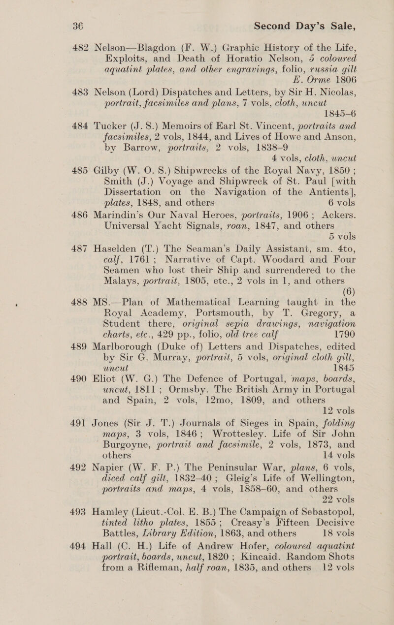 485 486 487 488 489 490 49] 492 493 4.94. Second Day’s Sale, Nelson—Blagdon (F. W.) Graphic History of the Life, Exploits, and Death of Horatio Nelson, 5 coloured aquatint plates, and other engravings, folio, russia gilt EH. Orme 1806 Nelson (Lord) Dispatches and Letters, by Sir H. Nicolas, portrait, facsimiles and plans, 7 vols, cloth, wncut 1845-6 Tucker (J.S.) Memoirs of Earl St. Vincent, portraits and facsimiles, 2 vols, 1844, and Lives of Howe and Anson, by Barrow, portraits, 2 vols, 1838-9 4 vols, cloth, uncut Gilby (W. O. 8.) Shipwrecks of the Royal Navy, 1850 ; Smith (J.) Voyage and Shipwreck of St. Paul [with Dissertation on the Navigation of the Antients |], plates, 1848, and others 6 vols Marindin’s Our Naval Heroes, portraits, 1906; Ackers. Universal Yacht Signals, roan, 1847, and others 5 vols Haselden (T.) The Seaman’s Daily Assistant, sm. 4to, calf, 1761; Narrative of Capt. Woodard and Four Seamen who lost their Ship and surrendered to the Malays, portrait, 1805, etc., 2 vols in 1, and others (6) MS.—Plan of Mathematical Learning taught in the Royal Academy, Portsmouth, by T. Gregory, a Student there, original sepia drawings, navigation charts, etc., 429 pp., folio, old tree calf 1790 Marlborough (Duke of) Letters and Dispatches, edited by Sir G. Murray, portrait, 5 vols, original cloth gilt, uncut 1845 Eliot (W. G.) The Defence of Portugal, maps, boards, uncut, 1811; Ormsby. The British Army in Portugal and Spain, 2 vols, 12mo, 1809, and others : 12 vols Jones (Sir J. T.) Journals of Sieges in Spain, folding maps, 3 vols, 1846; Wrottesley. Life of Sir John Burgoyne, portrait and facsimile, 2 vols, 1873, and others ; 14 vols Napier (W. F. P.) The Peninsular War, plans, 6 vols, diced calf gilt, 1832-40; Gleig’s Life of Wellington, portraits and maps, 4 vols, 1858-60, and others ‘, 22 vols Hamley (Lieut.-Col. E. B.) The Campaign of Sebastopol, tinted litho plates, 1855; Creasy’s Fifteen Decisive Battles, Livbrary Edition, 1863, and others 18 vols Hall (C. H.) Life of Andrew Hofer, coloured aquatint portrait, boards, uncut, 1820 ; Kincaid. Random Shots