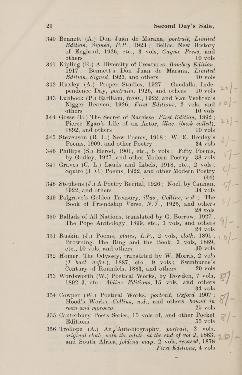 340 303 304 300 356 Bennett (A.) Don Juan de Marana, portrait, Limited Edition, Signed, P.P., 1923; Belloc. New History of England, 1926, etc., 3 vols, Cayme Press, and others 10 vols Kipling (R.) A Diversity of Creatures, Bombay Edition, 1917; Bennett’s Don Juan de Marana, Limited Edition, Signed, 1923, and others 10 vols pendence Day, portraits, 1926, and others 10 vols Lubbock (P.) Earlham, front., 1922, and Van Vechten’s others 10 vols Gosse (E.) The Secret of Ngee, First Edition, 1892 Pierce Egan’s Life of an Actor, lus. (back ‘soiled), 1892, and others 10 vols Stevenson (R. L.) New Poems, 1918; W. E. Henley’s Poems, 1909, and other Poetry 34 vols Phillips (S.) Herod, 1901, etc., 6 vols; Fifty Poems, by Godley, 1927, and other Modern Poetry 38 vols Graves (C. L.) Lauds and Libels, 1918, etc., 2 vols ; Squire (J. C.) Poems, 1922, and other Modern Poetry (44) Stephens (J.) A Poetry Recital: 1926 ; Noel, by Cannan, 1922, and others 34 vols Palgrave’s Golden Treasury, illus., Collins, n.d.; The Book of Friendship Verse, N.Y., 1925, and others 28 vols Ballads of All Nations, translated by G. Borrow, 1927 ; The Pope Anthology, 1899, etc., 3 vols, and others . 24 vols Ruskin (J.) Poems, plates, D.P., 2 vols, cloth, 1891 ; Browning. The Ring and the Book, 3 vols, 1889, etc., 10 vols, and others 30 vols (1 back defct.), 1887, etc., 9 vols; Swinburne’s Century of Roundels, 1883, and others 20 vols Wordsworth (W.) Poetical Works, by Dowden, 7 vols, 1892-3, etc., Aldine Hditions, 15 vols, and others 34 vols Cowper (W.) Poetical Works, portrait, Oxford 1907 ; roan and morocco 25 vols Canterbury Poets Series, 15 vols of, and other Pocket Editions 55 vols Trollope (A.) Any Autobiography, portrait, 2 vols, original cloth, sinh the advts. at the end of vol 2, 1883, Furst Fidationt. 4 vols cod