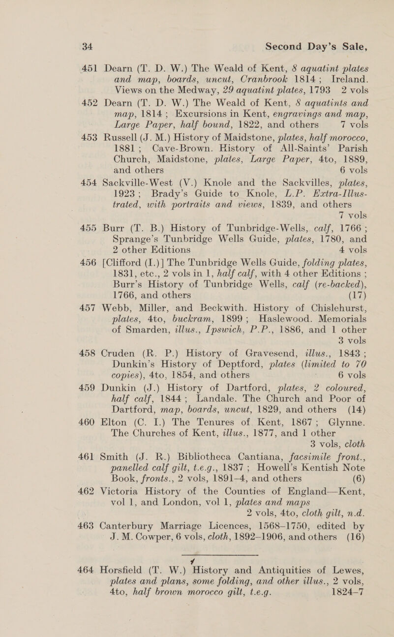 451 452 453 454 455 456 457 458 459 460 461 464 Dearn (T. D. W.) The Weald of Kent, § aquatint plates and map, boards, uncut, Cranbrook 1814; Ireland. Views on the Medway, 29 aquatint plates, 1793 2 vols Dearn (T. D. W.) The Weald of Kent, 8 aquatints and map, 1814; Excursions in Kent, engravings and map, Large Paper, half bound, 1822, and others 7 vols Russell (J. M.) History of Maidstone, plates, half morocco, 1881; Cave-Brown. History of All-Saints’ Parish Church, Maidstone, plates, Large Paper, 4to, 1889, and others 6 vols 1923; Brady’s Guide to Knole, L.P. Hztra-Illus- trated, with portraits and views, 1839, and others 7 vols Burr (T. B.) History of Tunbridge-Wells, calf, 1766 ; Sprange’s Tunbridge Wells Guide, plates, 1780, and 2 other Editions | 4 vols [Clifford (I.)] The Tunbridge Wells Guide, folding plates, 1831, etc., 2 vols in 1, half calf, with 4 other Editions ; Burr’s History of Tunbridge Wells, calf (re-backed), 1766, and others (17) Webb, Miller, and Beckwith. History of Chislehurst, plates, 4to, buckram, 1899; Haslewood. Memorials of Smarden, illus., Ipswich, P.P., 1886, and 1 other 3 vols Cruden (R. P.) History of Gravesend, illus., 1843 ; Dunkin’s History of Deptford, plates (limited to 70 copies), 4to, 1854, and others 6 vols Dunkin (J.) History of Dartford, plates, 2 coloured, half calf, 1844; Landale. The Church and Poor of Dartford, map, boards, uncut, 1829, and others (14) Elton. (C. I.) “The Tenures of. Kent, 15677, Glynne-: The Churches of Kent, zllus., 1877, and 1 other 3 vols, cloth Smith (J. R.) Bibliotheca Cantiana, facsimile front., panelled calf gilt, t.e.g., 1837; Howell’s Kentish Note Book, fronts., 2 vols, 1891-4, and others (6) Victoria History of the Counties of England—Kent, vol 1, and London, vol 1, plates and maps 2 vols, 4to, cloth gilt, n.d. _J.M. Cowper, 6 vols, cloth, 1892-1906, and others (16) / | Horsfield (T. W.) History and Antiquities of Lewes, plates and plans, some folding, and other illus., 2 vols, Ato, half brown morocco gilt, t.e.g. 1824-7