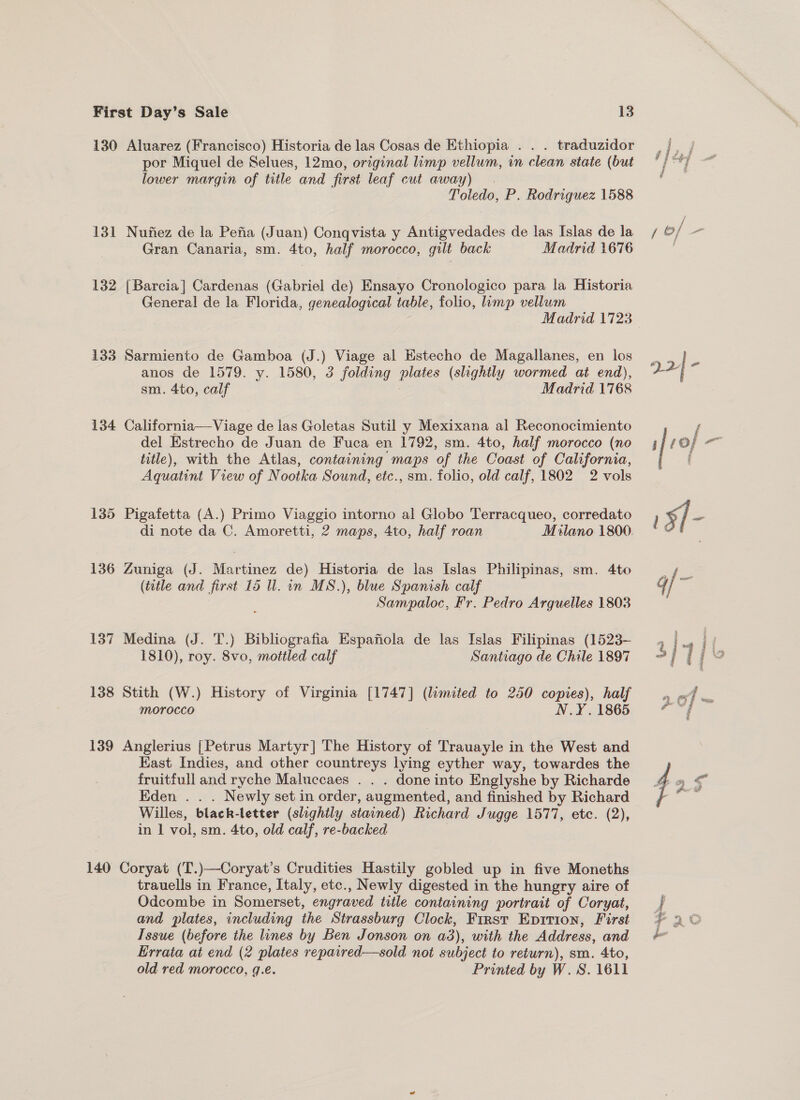 130 Aluarez (Francisco) Historia de las Cosas de Ethiopia . . . traduzidor por Miquel de Selues, 12mo, original limp vellum, in clean state (but lower margin of title and first leaf cut away) | Toledo, P. Rodriguez 1588 131 Nufiez de la Pefia (Juan) Conqvista y Antigvedades de las Islas de la Gran Canaria, sm. 4to, half morocco, gilt back Madrid 1676 132 [Barcia] Cardenas (Gabriel de) Ensayo Cronologico para la Historia General de la Florida, genealogical table, folio, limp vellum 133 Sarmiento de Gamboa (J.) Viage al Estecho de Magallanes, en los anos de 1579. y. 1580, 3 folding = (slightly wormed at end), sm. 4to, calf Madrid 1768 134 California—Viage de las Goletas Sutil y Mexixana al Reconocimiento del Estrecho de Juan de Fuca en 1792, sm. 4to, half morocco (no title), with the Atlas, containing maps of the Coast of California, Aquatint View of Nootka Sound, etc., sm. folio, old calf, 1802 2 vols 135 Pigafetta (A.) Primo Viaggio intorno al Globo Terracqueo, corredato di note da C. Amoretti, 2 maps, 4to, half roan Milano 1800 136 Zuniga (J. Martinez de) Historia de las Islas Philipinas, sm. 4to (title and first 15 ll. in MS.), blue Spanish calf Sampaloc, Fr. Pedro Arquelles 1803 137 Medina (J. T.) Bibliografia Espafiola de las Islas Filipinas (1523- 1810), roy. 8vo, mottled calf Santiago de Chile 1897 138 Stith (W.) History of Virginia [1747] (limited to 250 copies), half morocco N.Y. 1865 139 Anglerius [Petrus Martyr] The History of Trauayle in the West and East Indies, and other countreys lying eyther way, towardes the fruitfull and ryche Maluccaes . . . done into Englyshe by Richarde Eden . Newly set in order, augmented, and finished by Richard Willes, black- letter (slightly stained) Richard Jugge 1577, ete. (2), in | vol, sm. 4to, old calf, re-backed 140 Coryat (T.)—Coryat’s Crudities Hastily gobled up in five Moneths trauells in France, Italy, etc., Newly digested in the hungry aire of Odcombe in Somerset, engraved title containing portrait of Coryat, and plates, including the Strassburg Clock, First Epirion, First Issue (before the lines by Ben Jonson on a3), with the Address, and Errata at end (2 plates repaired—sold not subject to return), sm. 4to, old red morocco, g.e. Printed by W. 8S. 1611 y o/ ae “Pee,