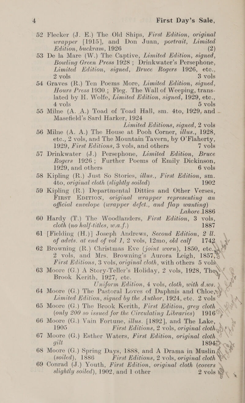 52 53 54 55 56 57 58 59 60 61 62 63 64 65 66 67 68 First Day’s Saie, Flecker (J. E.) The Old Ships, First Edition, original wrapper [1915], and Don Juan, portrait, Limited Edition, buckram, 1926 (2) De la Mare (W.) The Captive, Limited Edition, signed, Bowling Green Press 1928 ; Drinkwater’s Persephone, Limited Edition, signed, Bruce Rogers 1926, etc., 2 vols 3 vols Graves (R.) Ten Poems More, Limited Hdition, signed, Hours Press 1930.; Fleg. The Wall of Weeping, trans- lated by H. Wolfe, Limited Edition, signed, 1929, etc., 4 vols 5 vols Milne (A. A.) Toad of Toad Hall], sm. 4to, 1929, and . Masefield’s Sard Harker, 1924 Limited Kditions, signed, 2 vols Milne (A. A.) The House at Pooh Corner, illus., 1928, etc., 2 vols, and The Mountain Tavern, by O’Flaherty, 1929, First Editions, 3 vols, and others 7 vols Drinkwater (J.) Persephone, Limited Edition, Bruce Rogers 1926; Further Poems of Emily Dickinson, 1929, and others 6 vols Kipling (R.) Just So Stories, dlus., First Hdition, sm. Ato, original cloth (slightly soiled) 1902 Kipling (R.) Departmental Ditties and Other Verses, First Epirion, orginal wrapper representing an official envelope (wrapper defct., and flap wanting) Lahore 1886 Hardy (T.) The Woodlanders, First Edition, 3 vols, cloth (no half-titles, w.a-f.) 1887 [Fielding (H.)| Joseph Andrews, Second Edition, 2 ll. \ of advis. at end of vol J, 2 vols, 12mo, old calf 1742. \ a Browning (R.) Christmas Eve (joint worn), 1850, ete. eC 2 vols, and Mrs. Browning’s Aurora Haigh: 1857, First Editions, 3 vols, original cloth, with others 5 vols, , Moore (G.) A Story-Teller’s Holiday, 2 vols, 1928, Th \\ : Brook Kerith, 1927, ete. ‘ % Uniform E Edition, 4 vols, cloth, with d.ws.) \% Moore (G.) The Pastoral Loves of Daphnis and Chloe ny Limited Edition, signed by the Author, 1924, etc. 2 vols‘ , \ v Moore (G.) The Brook Kerith, First Edition, grey cloth ~ (only 200 so issued for the Circulating Libraries) 1916 Moore (G.) Vain Fortune, illus. [1892], and The Lake, \s 1905 First Editions, 2 vols, original seth z Moore (G.) Esther Waters, First Edition, original aot \ 4 a te 5 ax Moore (G.) Spring Days, 1888, and A Drama in Muslin (soiled), 1886 First Editions, 2 vols, original cloth