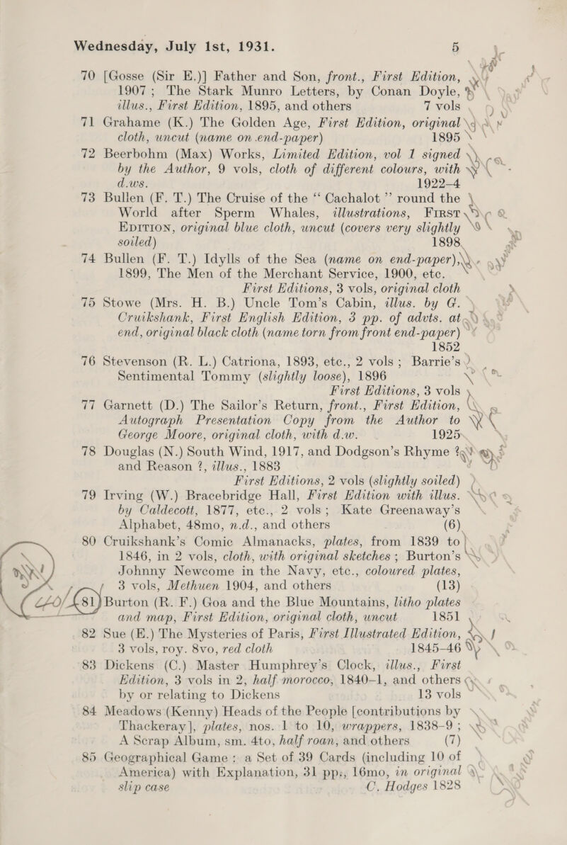  fe 72 73 74 75 77 78 fo, 80 83 84 85 1907; The Stark Munro Letters, by Conan Doyle, % illus., First Edition, 1895, and others 7 vols wn Geshamelt (K.) The Golden Age, First Edition, original \\A. » cloth, uncut (name on .end-paper) 1895 - Beerbohm (Max) Works, Limited Edition, vol 1 signed \, oy by the Author, 9 vols, cloth of different colours, with \\ : d.ws. 1922-4 Bullen (F. T.) The Cruise of the ‘‘ Cachalot ’’ round the \ World after Sperm Whales, illustrations, Frrst\‘) EDITION, original blue cloth, uncut (covers very slightly Say souled) 1898. Bullen (F. T.) Idylls of the Sea (name on end- paper) \\. 1899, The Men of the Merchant Service, 1900, etc. _ First Editions, 3 vols, original cloth Stowe (Mrs. H. B.) Uncle Tom’s Cabin, illus. by G. Cruikshank, First English Edition, 3 pp. of advts. at~) \ end, original black cloth (name torn from front end-paper) ~ | 1852 Stevenson (R. L.) Catriona, 1893, etc., 2 vols; Barrie’s ) Sentimental Tommy (slightly loose), 1896 First Editions, 3 vols Garnett (D.) The Sailor’s Return, front., First Edition, \ 5 Autograph Presentation Copy from the Author to Y George Moore, original cloth, with d.w. 1925 Douglas (N.) South Wind, 1917, and Dodgson’s Rhyme uN Me Qe and Reason 2, allus., 1883 First Editions, 2 vols (slightly soiled) — Irving (W.) Bracebridge Hall, First Edition with illus. NO 3) by Caldecott, 1877, ete., 2 vols : Kate Greenaway’s Alphabet, 48mo, n.d., and others (6) Cruikshank’s Comic Almanacks, plates, from 1839 to) 1846, in 2 vols, cloth, with original sketches ; Burton’s \\, Johnny Newcome in the Navy, etc., coloured plates, 3 vols, Be apa 1904, and others (13) ($1) Burton ( F.) Goa and the Blue Mountains, litho plates and jh First Edition, original cloth, uncut 1851 2 Sue (K.) The Mysteries of Paris, First Illustrated Edition, WN J 3 vols, roy. 8vo, red cloth 1845-46 Dickens (C.) Master Humphrey’s Clock, illus., Furst Edition, 3 vols in 2, half morocco, 1840-1, and others by or relating to Dickens 13 vols ~ Meadows (Kenny) Heads of the People [contributions by > Thackeray], plates, nos. 1 to 10, wrappers, 1838-9 ; A Scrap Album, sm. 4to, half roan, and others (7) Geographical Game : a Set of 39 Cards (including 10 of America) with Explanation, 31 pp:, 16mo, in original 4 slip case : C, Hodges 1828 VS O ye \\ \ \