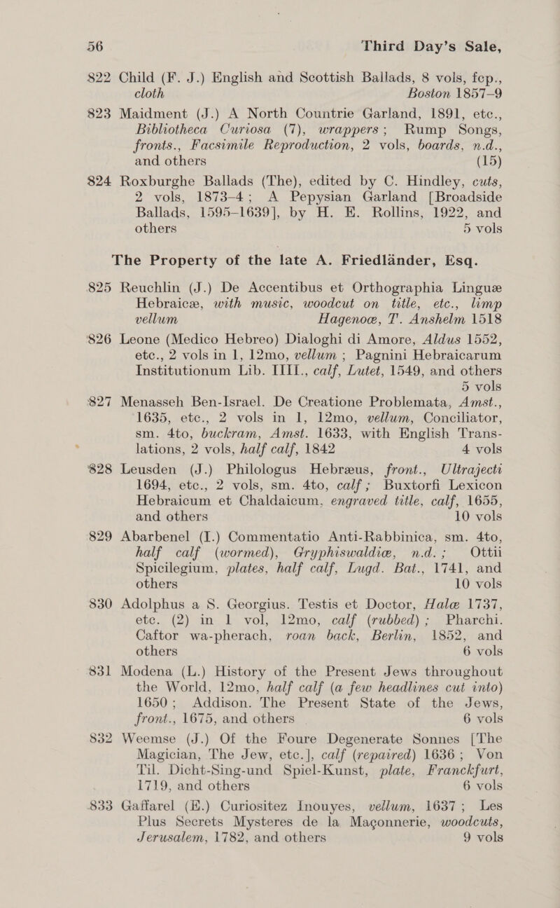 822 Child (F. J.) English and Scottish Ballads, 8 vols, fep., cloth Boston 1857-9 823 Maidment (J.) A North Countrie Garland, 1891, etc., Bibliotheca Curiosa (7), wrappers; Rump Songs, fronts., Facsimile Reproduction, 2 vols, boards, n.d., and others (15) $24 Roxburghe Ballads (The), edited by C. Hindley, cuts, 2 vols, 1873-4; A Pepysian Garland [Broadside Ballads, 1595-1639], by H. E. Rollins, 1922, and others 5 vols The Property of the late A. Friedlander, Esq. $25 Reuchlin (J.) De Accentibus et Orthographia Linguze Hebraice, with music, woodcut on title, etc., limp vellum Hagenoe, T'. Anshelm 1518 $26 Leone (Medico Hebreo) Dialoghi di Amore, Aldus 1552, etc., 2 vols in 1, 12mo, vellum ; Pagnini Hebraicarum Institutionum Lib. ITII., calf, Lutet, 1549, and others 5 vols 827 Menasseh Ben-Israel. De Creatione Problemata, Amst., 1635, ete., 2 vols in 1, 12mo, vellum, Conciliator, sm. 4to, buckram, Amst. 1633, with English Trans- lations, 2 vols, half calf, 1842 4 vols 828 Leusden (J.) Philologus Hebrzus, front., Ultrajecti 1694, etc., 2 vols, sm. 4to, calf; Buxtorfi Lexicon Hebraicum et Chaldaicum, engraved title, calf, 1655, and others 10 vols 829 Abarbenel (I.) Commentatio Anti-Rabbinica, sm. 4to, half calf (wormed), Gryphiswaldie, nd.; Ottil Spicilegium, plates, half calf, Lugd. Bat., 1741, and others 10 vols 830 Adolphus a 8. Georgius. Testis et Doctor, Hale 1737, etc. (2) in 1 vol, 12mo, calf (rubbed) ; Pharchi. Caftor wa-pherach, roan back, Berlin, 1852, and others 6 vols 831 Modena (L.) History of the Present Jews throughout the World, 12mo, half calf (a few headlines cut into) 1650; Addison. The Present State of the Jews, front., 1675, and others 6 vols 832 Weemse (J.) Of the Foure Degenerate Sonnes [The Magician, The Jew, etc.], calf (repaired) 1636; Von Til. Dicht-Sing-und Spiel-Kunst, plate, Franckfurt, 1719, and others 6 vols 833 Gaffarel (H.) Curiositez Inouyes, vellum, 1637; Les Plus Secrets Mysteres de la Maconnerie, woodcuts, Jerusalem, 1782, and others 9 vols