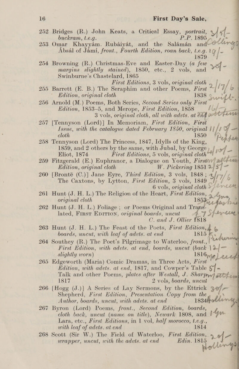 266 267 268 First Day’s Sale, Bridges (R.) John Keats, a Critical Hssay, portrait, vy 5 ne buckram, t.e.g. P.P, 1895 , Omar Khayyam. Rubaiyat, and the Sal4man and-©* Ceres $ Absal of Jami, front., Fourth Ldition, roan back, t.e.g. 7 | ja 4 | £879. 4 | Browning (R.) Christmas-Eve and Easter-Day (a few yf - margins slightly stained), 1850, etc., 2 vols, and -Swinburne’s Chastelard, 1865 ; First Editions, 3 vols, original cloth 2 | 17 Barrett (EK. B.) The Seraphim and other Poems, First if 6 |  Edition, original cloth 1838 9, “if Ae Arnold (M.) Poems, Both Series, Second Series only First” , © : Edition, 1853-5, ‘and Merope, First Edition, 1858 E (of | 3 vols, original cloth, ali with advts. at end ¢ a Lita [Tennyson (Lord)] In Memoriam, First Hdition, First / A Issue, with the catalogue dated February 1850, original i) fe » =| cloth 1850 ‘Pej ¥ r A“ Tennyson (Lord) The Princess, 1847, Idylls of the King, “A    1859, and 2 others by the same, with J ubal, by George) j ,.94 Eliot, 1874 First Editions, 5 vols, original clothe of Fitzgerald (.) EKuphranor, a Dialogue on Youth, Firsivvy ae he = Edition, original cloth W. Pickering 1851 273 &gt; Yi —- | [Bronté (C.)] Jane Eyre, Third Edition, 3 vols, 1848 ; sys The Caxtons, by Lytton, Pirst Edition, 3 vols, 1849 6 vols, original cloth »j “7 Hunt (J. H. L.) The Religion of the Heart, ‘First Edition, 9 ob; original cloth 1853.25 us ol h Hunt (J. H. L.) Foliage ; or Poems Original and Trans- a lated, First Eprrion, original boards, uncut 4D of ad yee C. and J. Ollier (818 Hunt (J. H. L.) The Feast of the Poets, First Hdition, boards, uncut, with leaf of advts. at end 1815 F Southey (R.) The Poet’s Pilgrimage to Waterloo, front., ? First Edition, with advts. at end, boards, uncut (back \2/ a slightly worn) 181646 J tte | we i pS Aaure Edition, with advts. at end, 1817, and Cowper’s Table $7 = . Talk and other Poems, plates after Westall, J. Sharpry) eUChcul 1817 2 vols, boards, uncut [Hogg (J.)] A Series of Lay Sermons, by the Ettrick “— Shepherd, First Edition, Presentation Copy hes: the | Author, boards, uncut, Me advts. at end eaasyble aes Ss Byron (Lord) Poems, front., Second Bastien sa ¥, | ‘cloth back, uncut (name on title), Newark 1808, and |“? Lara, etc., First Editions, in | vol, half morocco, t.e.g., with leaf of advts. at end 1814 Scott (Sir W.) The Field of Waterloo, First Hdition, 4 pe wrapper, uncut, with the advts. at end Edin. 1815 Lota