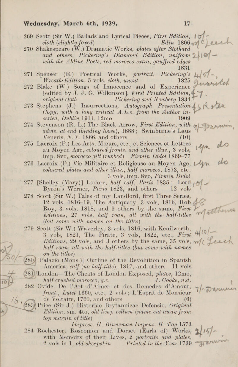   — eS Wednesday, March 6th, 1929, 17. 269 Scott (Sir W.) Ballads and Lyrical Pieces, First Edition, | of - F cloth (slightly foxed) Edin. 1806 vy] S C Ey bao 270 Shakespeare (W.) Dramatic Works, plates after Stothard | and others, Pickering’s Diamond Edition, uniform yay oj = with the Aldine Poets, red morocco extra, gauffred edges 1831 271 Spenser (K.) Poetical Works, portrait, Pickering’s Jj 4 Wreath: Kdition, 5 vols, cloth, wncut 1825 ; 272 Blake (W.) Songs of Innocence and of Experience | a [edited by J. J. G. Wilkinson], First Printed Edition {5 1 : original cloth Pickering and Newbery 1834 * 273 Stephens (J.) Insurrections, Autograph ESHA | l, ye Vian Copy, with a long critical A.L.s. from the Author in- « serted, Dublin 1911, 12mo 1909 274 Stevenson (R. L.) The Black Arrow, First Edition, with » advts. at end (binding loose), 1888 ; Swinburne’s Laus Veneris, V. Y. 1866, and others (10) 275 Lacroix (P.) Les Arts, Moeurs, etc., et Sciences et Lettres bm. elo au Moyen Age, coloured fronts. and other illus., 3 vols, } 7 ? imp. 8vo, morocco gilt (rubbed) Firmin Didot 1869-77 276 Lacroix (P.) Vie Militaire et Religieuse au Moyen Age, |. oho coloured plates and other illus., half morocco, 1873, etc. 3 vols, imp. 8vo, Firmin Didot 277 [Shelley (Mary)] Lodore, half calf, Paris 1835; Lord ref] a Byron’s Werner, Pave 1823, and others 12 vols | 278 Scott (Sir W.) Tales of my Landlord, first Three Series, , 12 vols, 1816-19, The Antiquary, 3 vols, 1816, Rob 4 Roy, 3 vols, 1818, and 9 others by the same, First F 4 u¢ PZ rar Editions, 27 vols, half roan, all with the half-titles “*/P° (but some with names on the titles) 279 Scott (Sir W.) Waverley, 3 vols, 1816, with Kenilworth, o/. 3 vols, 1821, The Pirate, 3 vols, 1822, etc., first hy | Editions, 29 vols, and 3 others by the same, 35 vols, w/ yd tet] half roan, all with the half-trtles (but some with names parvo tive titles) Dp mae Q* “ ¢  — America, calf (no half-title), 1817, and others 11 vols esi) ‘London—The Cheats of London Exposed, plates, 12mo, ~~ half crushed morocco, g.é J. Cooke, n.d. , 282 Ovide. De VArt \d’ Aimer et des Remedes- d’?Amour, |~frwr duaek front., Lutet 1660, etc., 2 vols ; L’ Esprit de Monsieur ih Nal so de Voltaire, 1760, and others (6) Edition, sm. 4to, old limp vellum (name cut away from top margin of title) Impress. H. Binneman Impens. H. Toy 1573 ; 284 Rochester, Roscomon and Dorset (Earls of) Works, a 1A fx with Memoirs of their Lives, 2 portraits and plates, . ae: