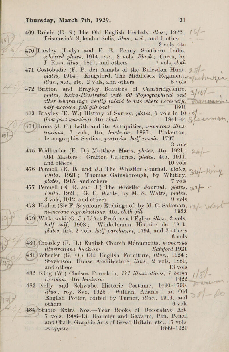  Trismosin’s Splendor Solis, dlus., n.d., and 1 other ~~ coloured plates, 1914, etc., 3 vols, Black; Corea, by 471 Costobadie (F. P. de) Annals of the Billesdon Hunt, 2 ¥ plates, 1914; Kingsford. The Middlesex ie es to. half morocco, full gilt back 1801 Tconographia Scotica, portraits, half russia, 1797 3 vols 475 Fridlander (EK. D.) Matthew Maris, plates, 4to, 1921 ; Old Masters: Grafton Galleries, plates, 4to, 1911, and others 10 vols ; 476 Pennell (E. R. and J.) The Whistler Journal, plates, n4,/—-K. ul Phila. 1921; Thomas Gainsborough, by Whitley, @*) ~ &amp; plates, 1915, and others 7 vols Phila. 1921; G. F. Watts, by M. 8. Watts, plates, 3 vols, 1912, and others- 9 vols 478 Haden (Sir F. Seymour) Etchings of, by M. C. Salaman, , « numerous reproductions, 4to, cloth gilt 1923 half calf, 1908; Winkelmann. Histoire de P Art, plates, first 2 vols, half parchment, 1794, and 2 others 6 vols 480) ‘Crossley (F. H.) English Church Monuments, nwmerous =. tllustrations, buckram Batsford 1921 481) }Wheeler (G. 0.) Old English Furniture, dlus., 1924 ; Nee Stevenson. House Architecture, illus., 2. vols, 1880, and others 13 vols en colour, 4to, buckram VO? we 483 Kelly and Schwabe. Historic Costume, 1490-1790, © ° illus., roy. 8vo, 1925; William Adams: an Old .. English Potter, edited by Turner, ilus., 1904, and others 6 vols 7 vols, 1906-13, Daumier and Gavarni, Pen, Pencil and. Chalk, Graphic Arts of Great Britain, etc., 17 vols, wrappers 1899- 1920
