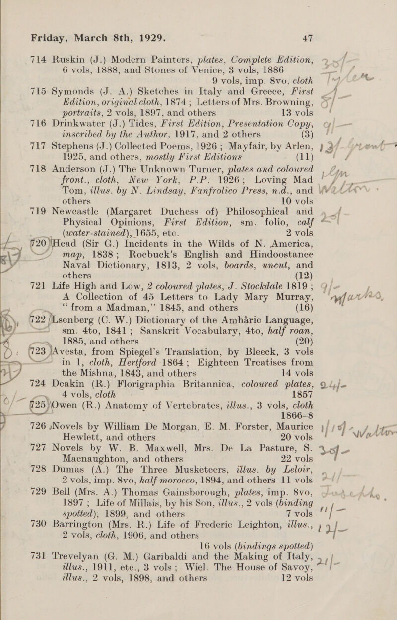 714 Ruskin (J.) Modern Painters, plates, Complete Hdition, ~ » 6 vols, 1888, and Stones of Venice, 3 vols, 1886 fool 715 Symonds (J. A.) Sketches in Italy and Greece, First 04 _ Edition, original cloth, 1874; Letters of Mrs. Browning, a portraits, 2 vols, 1897, and others Istvols.: § 716 Drinkwater (J.) Tides, First Edition, Presentation Copy, © inscribed by the Author, 1917, and 2 others (3) 717 Stephens (J.) Collected Poems, 1926; Mayfair, by Arlen, } 718 Anderson (J.) The Unknown Turner, plates and coloured , /,,, front., cloth, New York, P.P. 1926; Loving Mad “ /, 719 Newcastle (Margaret Duchess of) Philosophical and 4 _/ Physical Opinions, First Edition, sm. folio, calf “| _ (water-starned), 1655, etc. 2 vols 720) Head ( (Sir G.) Incidents in the Wilds of N. America, ~~ map, 1838; Roebuck’s English and Hindoostanee Naval Dictionary, 1813, 2 vols, boards, uncut, and others (12) 721 Life High and Low, 2 coloured plates, J. Stockdale 1819 ; 9) A Collection of 45 Letters to Lady Mary Murray, “from a Madman,”’ 1845, and others (16) sm. 4to, 1841; Sanskrit Vocabulary, 4to, half roan, 1885, and others (20) 724 Deakin (R.) Florigraphia Britannica, SeLeaeia plates, Qdij— Bd sm aN co 1857 : Le 725)/0wen (R R.) Anatomy of Vertebrates, illus., 3 vols, cloth 7a 1866-8 _ 726 .Novels by William De Morgan, E. M. Forster, Maurice }/ / » Hewlett, and others 20-vols §. ° Macnaughton, and others 22 vols 728 Dumas (A.) The Three Musketeers, illus. by Leloir, 1897 ; Life of Millais, by his Son, tllus., 2 vols (binding spotted), 1899, and others Parole’ / 3 730 Barrington (Mrs. R.) Life of Frederic Leighton, illus., j r|~- 2 vols, cloth, 1906, and others i 16 vols (bindings spotted) 731 Trevelyan (G. M.) Garibaldi and the Making of Italy, . illus., 1911, etc., 3 vols; Wiel. The House of Savoy, ” illus., 2 vols, 1898, and others 12 vols “I Vee ifr