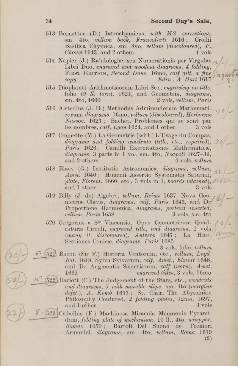 513 Bornettus (D.) latrochymicus, with MS. corrections, sm. 4to, vellum back, Francofurti 1616; Crollii Basilica Chymica, sm. 8vo, vellum (discoloured), P. Chouét 1643, and 2 others 4 vols 514 Napier (J.) Rabdologiw, seu Numerationis per Virgulas ,., Libri Duo, engraved and woodcut diagrams, 4 folding, copy Hdin., A. Hart 1617° 515 Diophanti Arithmeticorum Libri Sex, engraving on title, folio (9 Ul. torn), 1621, and Geometria, diagrams, sm. 4to, 1660 2 vols, vellum, Paris 516 Alstedius (J. H.) Methodus Admirandorum Mathemati- Nassov. 1623; Bachet. Problemes qui se sont par les nombres, calf, Lyon 1624, and l other | 3 vols 517 Connette (M.) La Geometrie [with] L’ Usage du Compas, diagrams and folding woodcuts (title, etc., reparred), Paris 1626; Camilli Exercitationes Mathematice, diagrams, 3 parts in 1 vol, sm. 4to, Neapols 1627-39, and 2 others 4 vols, vellum 518 Blaev (G.) Institutio Astronomica, diagrams, vellum, Amst. 1640; Hugenii Assertio Systematis Saturnil, plate, Florent. 1660, etc., 3 vols in 1, boards (stained), and | other 3 vols 519 Billy (J. de) Algebre, vellum, Reims 1637, Nova Geo- ae metrie Clavis, diagrams, calf, Paris 1643, and De* Proportione Harmonica, diagrams, portrait inserted, vellum, Paris 1658 3 vols, sm. Ato 520 Gregorius a S'° Vincentio. Opus Geometricum Quad- rature Circuli, engraved title, and diagrams, 2 vols — (many Ul. discoloured), Antverp 1647; La Hire. Sectiones Conice, diagrams, Paris 1685 ~~ 3 vols, folio, vellum ied S (521) Bacon (Sir F.) Historia Ventorum, etc., vellum, Lugd. ors | Bat. 1648, Sylva Sylvarum, calf, Amst., Hizevir 1648, and De Augmentis Scientiarum, calf (worn), Amst. \ 1662 engraved titles, 3 vols, 16mo O/_ j. Js * 622\Dariott (C.) The J udgement of the Stars, etc., woodcuts | and diagrams, 3 with movable slips, sm. Ato (margins defct.), A. Kemb 1653; St. Clair. The Abyssinian Philosophy Confuted, 2 folding plates, 12mo, 1697,  : and 1 other 3 vols Jk ¥ -(523 |Cribellus (F.) Machinosa Miracula Memnonis Pyrami- eo dum, folding plate of mechanism, 10 ll., 4to, wrapper, Romae 1650; Bartoli. Del Suono de’ ‘Tremori  Armonici, diagrams, sm. 4to, vellum, Roma 1679 (2)   