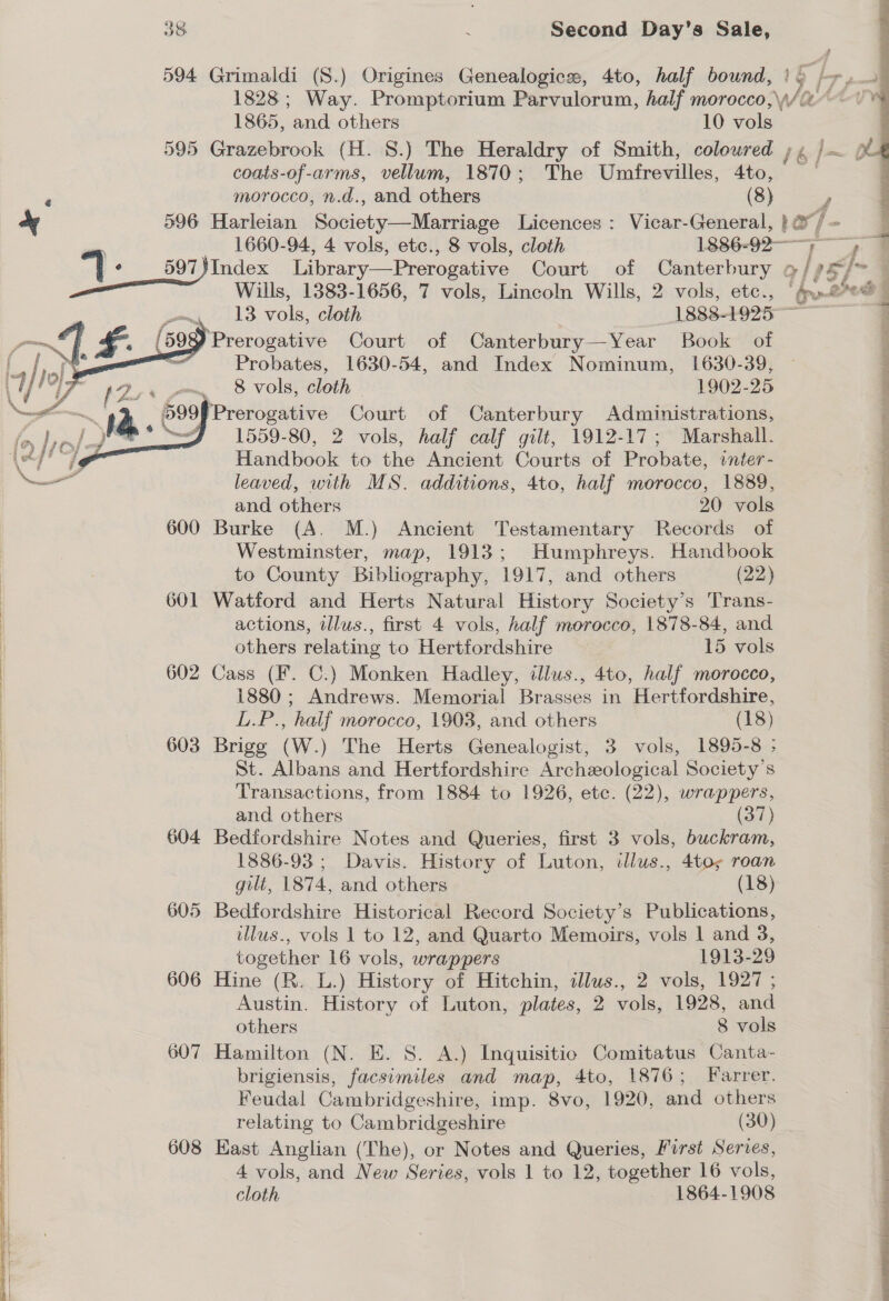 594 Grimaldi (8.) Origines Genealogicse, 4to, half bound,  1865, and others 10 vols 595 Grazebrook (H. 8.) The Heraldry of Smith, coloured » 16] Po coats-of-arms, vellum, 1870; The Umfrevilles, 4to, ; morocco, n.d., and others (8) + 596 Harleian Sabiotg -Meyeee Licences : Vicar-General, } @/ — 1660-94, 4 vols, etc., 8 vols, cloth meee © = ff : “| - 597 }Index Library—Prerogative Court of Canterbury 6 Wills, 1383-1656, 7 vols, Lincoln Wills, 2 vols, etc., Probates, 1630-54, and Index Notinuie 1630-39, 8 vols, cloth 1902- 25 1559-80, 2 dolls half calf gilt, 1912-17; Marshall. Handbook to the Ancient Courts of Probate, unter - leaved, with MS. additions, 4to, half morocco, 1889, and others 20 vols 600 Burke (A. M.) Ancient Testamentary Records of Westminster, map, 1913; Humphreys. Handbook to County Bibliography, 1917, and others (22) 601 Watford and Herts Natural History Society’s Trans- | actions, tllus., first 4 vols, half morocco, 1878-84, and others relating to Hertfordshire 15 vols 602 Cass (F. C.) Monken Hadley, illus., 4to, half morocco, 1880; Andrews. Memorial Brasses in Hertfordshire, ) L.P., half morocco, 1903, and others (18) 603 Brigg (W.) The Herts Genealogist, 3 vols, 1895-8 ; St. Albans and Hertfordshire Archeological Society's Transactions, from 1884 to 1926, ete. (22), wrappers, and others (37) 604 Bedfordshire Notes and Queries, first 3 vols, buckram, 1886-93 ; Davis. History of Luton, tllus., 4toy roan gilt, 1874, and others (18) 605 Bedfordshire Historical Record Society’s Publications, ulus., vols 1 to 12, and Quarto Memoirs, vols 1 and 3, together 16 vols, wrappers 1913-29 606 Hine (R. L.) History of Hitchin, illus., 2 vols, 1927 ; Austin. History of Luton, plates, 2 vols, 1928, and others 8 vols 607 Hamilton (N. E. 8. A.) Inquisitio Comitatus Canta- brigiensis, facsimiles and map, 4to, 1876; Farrer. Feudal Cambridgeshire, imp. 8vo, 1920, and others relating to Cambridgeshire (30) 608 East Anglian (The), or Notes and Queries, First Series, 4 vols, and New Series, vols 1 to 12, together 16 vols, cloth 1864-1908            POTTY Me ee Re ee ee en Ne Wa gee | ee A ee A cee ee ee meth d eeed a ne ee ee ee ee re eet  eVep ey ec ee ee