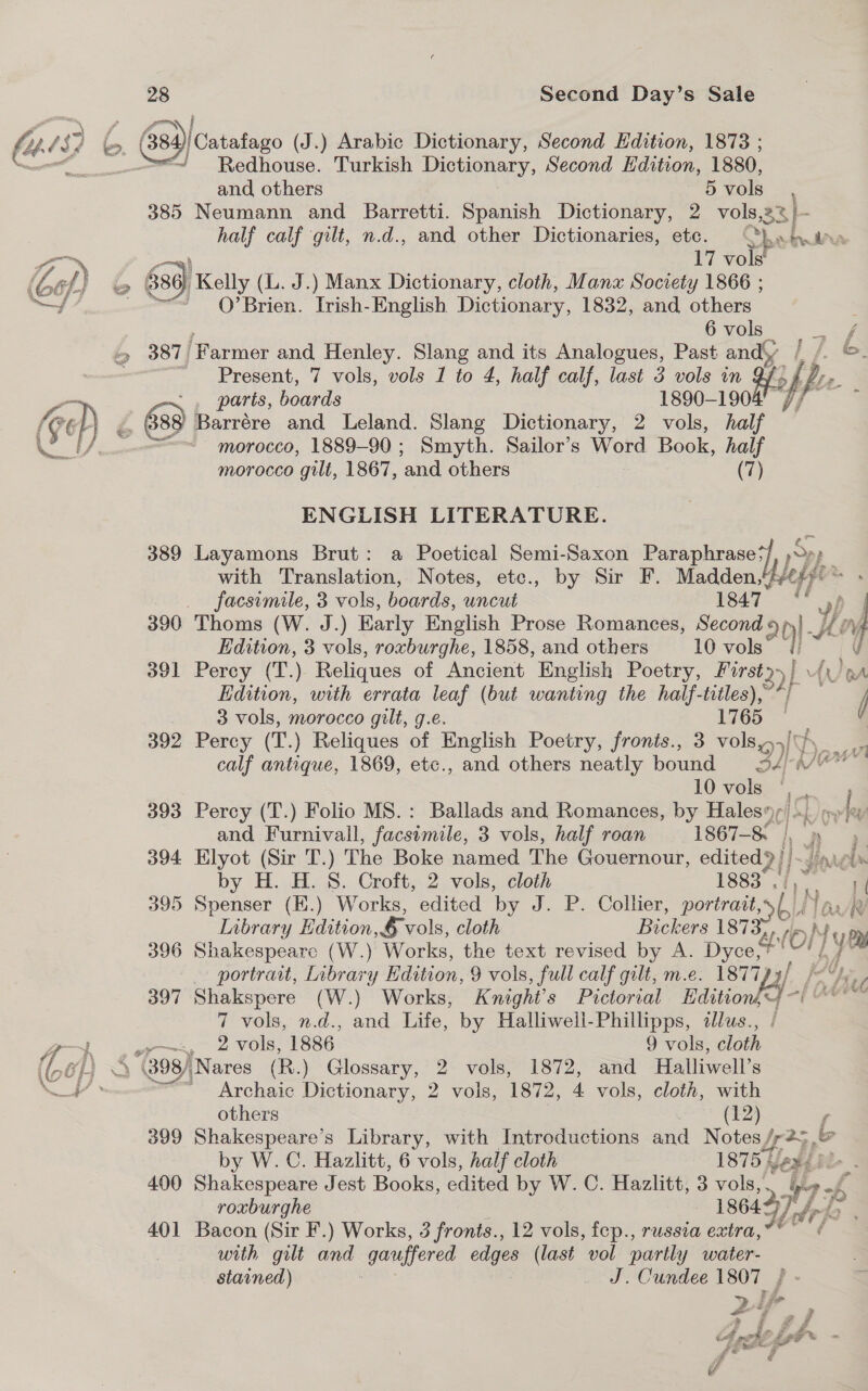 ? F i L, (384) ICatalago (J.) Arabic Dictionary, Second Edition, 1873 ; “~“/ Redhouse. Turkish Dictionary, Second Edition, 1880, and others “B vols 385 Neumann and Barretti. Spanish Dictionary, 2 vols,33 }- half calf gilt, n.d., and other Dictionaries, ete. sp oe ot 17 vols’ $86) I Kelly (L. J.) Manx Dictionary, cloth, Manx Society 1866 ; * O’Brien. Irish-English Dictionary, 1832, and others 6 vols ae » 387) ‘Farmer and Henley. Slang and its Analogues, Past andy / /. ©. ~ Present, 7 vols, vols 1 to 4, half calf, last 3 vols in Ve fs ‘ parts, boards 1890-1904 7. (Fe D - 688 3 Barrére and Leland. Slang Dictionary, 2 vols, half Aa a morocco, 1889-90 ; Smyth. Sailor’s Word Book, half morocco gilt, 1867, and others (7)    ENGLISH LITERATURE. 389 Layamons Brut: a Poetical Semi-Saxon Paraphrase‘], »~ pope with Translation, Notes, etc., by Sir F. Madden, Wy, fpr . facsimile, 3 vols, boards, uncut 1847) ul ab | 390 Thoms (W. J.) Early English Prose Romances, Second 20) - He / Edition, 3 vols, roxburghe, 1858, and others 10 vols , \ 391 Percy (T.) Reliques of Ancient English Poetry, ey YP A ga Edition, with errata leaf (but wanting the half-titles),~*; / 3 vols, morocco gilt, g.e. 1765 — 392 Percy (T.) Reliques of English Poetry, fronis., 3 vols>/< ae calf antique, 1869, etc., and others neatly bound 2) 'pow 3 10 vols ' Se 393 Percy (T.) Folio MS.: Ballads and Romances, by Hales») =, ori and Furnivall, facsimile, 3 vols, half roan 1867-8 |, | 4) 394 Elyot (Sir T.) The Boke named The Gouernour, edited) |. Wels by H. H. 8. Croft, 2 vols, cloth 1883 . - 395 Spenser (E.) Works, edited ‘by J. P. Collier, portrait, LIN pa /W Library Edition vols, cloth Bickers 1873, MM, o| 1 ly ym 396 Shakespeare (W.) Works, the text revised by A. Dyce portrait, Library Edition, 9 vols, full calf gilt, m.e. 1877 A / 397 Shakspere (W.) Works, Knight's Pictorial Editions 7 vols, n.d., and Life, by Halliweil-Phillipps, illus., / y am y—, 2 vols, 1886 9 vols, cloth (i 64S (398) Nares (R.) Glossary, 2 vols, 1872, and Halliwell’s a Ls ' Archaic Dictionary, 2 vols, 1872, 4 vols, cloth, with others : (12) f 399 Shakespeare’s Library, with Introductions and Notes/r2,, &amp; by W. C. Hazlitt, 6 vols, half cloth 1875 ¢ ey ie- 400 Shakespeare Jest Books, edited by W. C. Hazlitt, 3 vols, UP roxburghe 1864? 401 Bacon (Sir F.) Works, 3 fronts., 12 vols, fep., russia extra, with gilt and ee edges (last vol partle y water- stained) — J. Cundee 1807