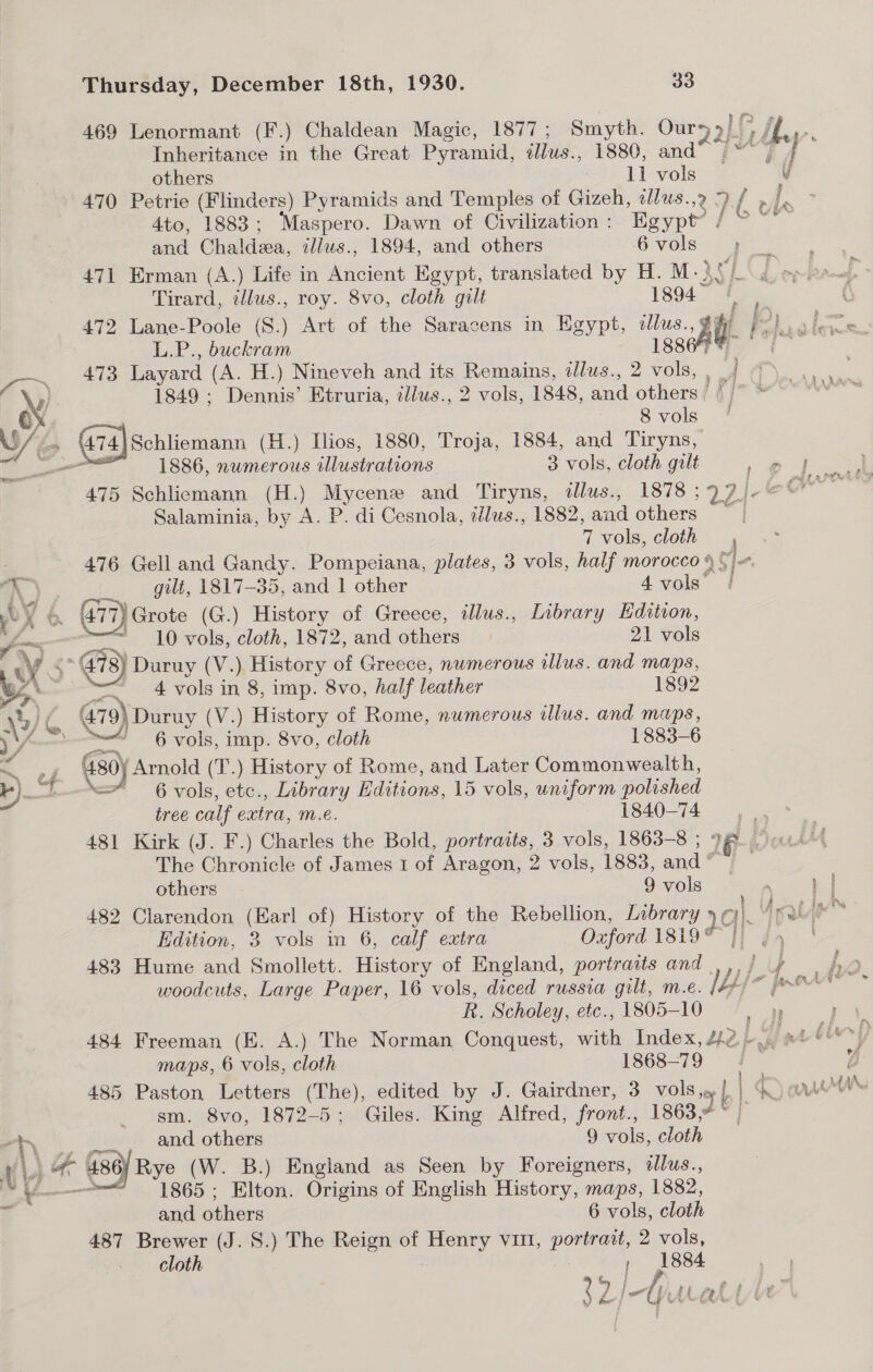 469 Lenormant (F.) Chaldean Magic, 1877 ; Smyth. Oar gy y b 2 Inheritance in the Great Pyramid, illus.., 1880, and } ; others 11 vols v 470 Petrie (Flinders) Pyramids and Temples of Gizeh, tllus.,2 9 / b s 4to, 1883; Maspero. Dawn of Civilization : Egypt? / pe and Chaldza, illus., 1894, and others ©: Vols: . ee 471 Erman (A.) Life in soanibat Egypt, translated by H. the i, Tirard, illus., roy. 8vo, cloth gilt 1894, 2k 472 Lane-Poole (S.) Art of the Saracens in Egypt, ae see L.P., buckram 473 Layard (A. H.) Nineveh and its Remains, dlus., 2 sy a 1849 : Dennis’ Etruria, zllus., 2 vols, 1848, and others | § j  |Schliemann (H.) Ilios, 1880, Troja, 1884, and Tiryns, 1886, numerous illustrations 3 vols, cloth gilt ee 475 Schliemann (H.) Mycene and Tiryns, dllus., 1878597 /- oN Salaminia, by A. P. di Cesnola, ilus., 1882, and others 7 vols, cloth 476 Gell and Gandy. Pompeiana, plates, 3 vols, half morocco 4 ‘ fe ae eK ) _ gilt, 1817-35, and 1 other 4 vols” \ Y &amp; 477) Grote (G.) History of Greece, illus., Library Edition, Jf eg “ 10 vols, cloth, 1872, and others 21 vols cy .° G78) Duruy ave ) History of Greece, numerous illus. and maps, us. ~ 4 vols in 8, imp. 8vo, half leather 1892 tl - 6 vols, imp. 8vo, cloth 1883-6 430) Arnold (T.) History of Rome, and Later Commonwealth, * 6 vols, etc., Library Editions, 15 vols, uniform polished tree calf extra, m.e. PSA0 1A ae 481 Kirk (J. F.) Charles the Bold, portraits, 3 vols, 1863-8 ; 1e oud The Chronicle of James 1 of Aragon, 2 vols, 1883, and ° others 9 vols 7, | 482 Clarendon (Earl of) History of the Rebellion, Library 9 ¢ |. 4alye™ Edition, 3 vols in 6, calf extra Oxford 1819% |I ¢ 483 Hume and Smollett. History of England, portraits and ! woodcuts, Large Paper, 16 vols, diced russia gilt, me. wy). 7 pros R. Scholey, etc., 1805-10 ) , sm. 8vo, 1872-5: Giles. King Alfred, front., 1863,% > | and others 9 vols, cloth t 4 * 486) Rye (W. B.) England as Seen by Foreigners, dllus., - 1865 ; Elton. Origins of English History, maps, 1882, and others 6 vols, cloth 487 Brewer (J. S.) The Reign of bean VIII, ea 2 vols, cloth | 1884