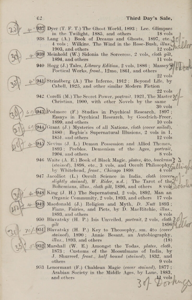   li : in on Twilight, “1885, aul others 18 vols} 938 Lang (A.) Book of Dreams and Ghosts, 1897, ete. in 4 vols; Wilkins. The Wind in the Rose-Bush, ¢llus..) - — 1903, and others 12 vols pUStd an. bye’ 939 Meinhold (W.) Sidonia the Sorceress, 2 vols, cloth gilt, -., ame 1894, and others 11 vols | : 3 940 Hogg (J.) Tales, Library Edition, 2 vols, 1886 ; Massey’ yl i D al Poetical Works, front., 12mo, 1861, and otBers He o 2 vols faS\ . ‘oa Strindberg (A.) The Inferno, 1912; Beyond ie. by be, - sa aa Cabell, 1925, and other similar Modern Fiction 22 vols fl 942 Corelli (M.) The Secret Power, portrait, 1921, The Master %/) Christian, 1900, with other Novels by the same \ ~ 30 vols AW , 2/943) Podmore (F.) Studies in Psychical Research, 1897 ; > bes 8 Essays in Psychical Research, by Goodrich- Nroee a ys 1899, and others 10 vols ( vino? (944 Grant (J.) Mysteries of all Nations, cloth (cover soiled), oN 1880; Begbie’s Supernatural [lusions, 2 vols in I, rn ; aes NSDL yand others 12 vols ach ga Nevius (J. L.) Demon Possession and Allied Themes, WV 1893; Peebles. Demonism of the Ages, portrait, 946 Waite (A. E.) Book of Black Magic, plates, 4to, buckram® &amp; (stained), 1898, etc., 3 vols, and Occult Philosophy gull ge by Whitehead, front., Chicago 1898 947 Jacolliot (L.) Occult Science in India, cloth (coca F  slightly stained), W. Rider, n.d.; The Tarot of th :: an Bohemians, tllus., cloth gilt, 1896, ‘and others 8 vols. &amp; Fo oe fe a )_ 948) King (J. H.) The Supernatural, 2 vols, 1892, Man an 9 és : Organic Community, 2 vols, 1893, and others 17 vols a, bf a ) Macdonald (J.) Religion and Myth, D. Nutt 1893; ney Fians, Fairies, and Picts, by D. MacRitchie, #llus., 950 Blavatsky (H. P.) Isis Unveiled, portrait, 2 vols, cloth 26) ° . « gilt 1396) yi] ley Pate 70f 951) Blavatsky (H. P.) ey, e6 Theosophy, sm. 4to (cover’ | ae stained), 1890; Annie Besant, an Autobiography, ~~ illus., 1893, and others (18) aby ¢ (952) Marshall (W. E.) Amongst the Todas, plates, cloth, — 1878 : Gaba of the Moosulmans of India, by J. Shurreef, front., half bound (stained), 1832, and 953 Lenormant (F.) Chaldean Magic — stained), 1877 ; Arabian Society in the Middle Ages, by Lane, 1883, and others ape | 34 Oy eh i Net 3 } te A 3 “4