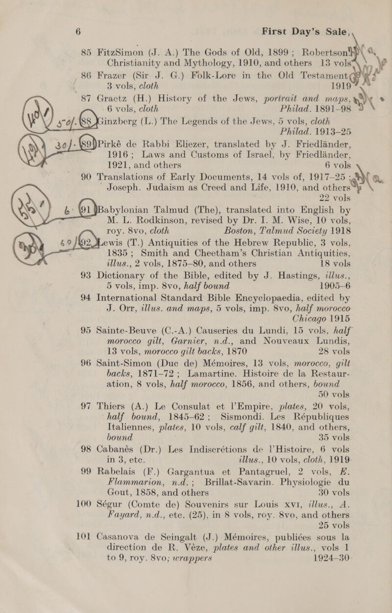    85 FitzSimon (J. A.) The Gods of Old, 1899 ; Robertson! Christianity and Mythology, 1910, and others 13 vols 86 Frazer (Sir J. G.) Folk-Lore in the Old Testament     3 vols, cloth 1919 yy 87 Graetz (H.) History of the Jews, portrait and maps, WN % 6 vols, cloth Philad. 1891-98 2 \ inzberg (L.) The Legends of the Jews, 5 vols, cloth Philad. 1913-25 . Go} Pirké de Rabbi Eliezer, translated by J. Friedlander, 1916; Laws and Customs of Israel, by Friedlander, 1921, and others 6 vols 90 Translations of Early Documents, 14 vols of, 1917-25 ; ‘co - Joseph. Judaism as Creed and Life, 1910, and others \ 22 vols 7 YBabylonian Talmud (The), translated into English by M. L. Rodkinson, revised by Dr. I. M. Wise, 10 vols, roy. 8vo, cloth Boston, Talmud Society 1918 Aewis (T.) Antiquities of the Hebrew Republic, 3 vols, — 1835; Smith and Cheetham’s Christian Antiquities, illus., 2 vols, 1875-80, and others 18 vols 93 Dictionary of the Bible, edited by J. Hastings, illus., 5 vols, imp. 8vo, half bound 1905-6 94 International Standard Bible Encyclopaedia, edited by J. Orr, illus. and maps, 5 vols, imp. 8vo, half morocco Chicago 1915 95 Sainte-Beuve (C.-A.) Causeries du Lundi, 15 vols, half morocco gilt, Garnier, n.d., and Nouveaux Lundis, 13 vols, morocco gilt backs, 1870 28 vols 96 Saint-Simon (Duc de) Mémoires, 13 vols, morocco, gilt backs, 1871-72 ; Lamartine. Histoire de la Restaur- ation, 8 vols, half morocco, 1856, and others, bound 50 vols 97 Thiers (A.) Le Consulat et ? Empire, plates, 20 vols, half bound, 1845-62; Sismondi. Les Républiques Italiennes, plates, 10 vols, calf gilt, 1840, and others, bound 35 vols 98 Cabanés (Dr.) Les Indiscrétions de VHistoire, 6 vols in 3, etc. illus., 10 vols, cloth, 1919 99 Rabelais (F.) Gargantua et Pantagruel, 2 vols, H#. Flammarion, n.d.; Brillat-Savarin. Physiologie du Gout, 1858, and others 30 vols 100 Ségur (Comte de) Souvenirs sur Louis xvi, illus., A. Fayard, n.d., ete. (25), in 8 vols, roy. 8vo, and others 25 vols 101 Casanova de Seingalt (J.) Mémoires, publiées sous la direction de R. Véze, plates and other illus., vols 1 to 9, roy. 8vo; wrappers 1924-30-