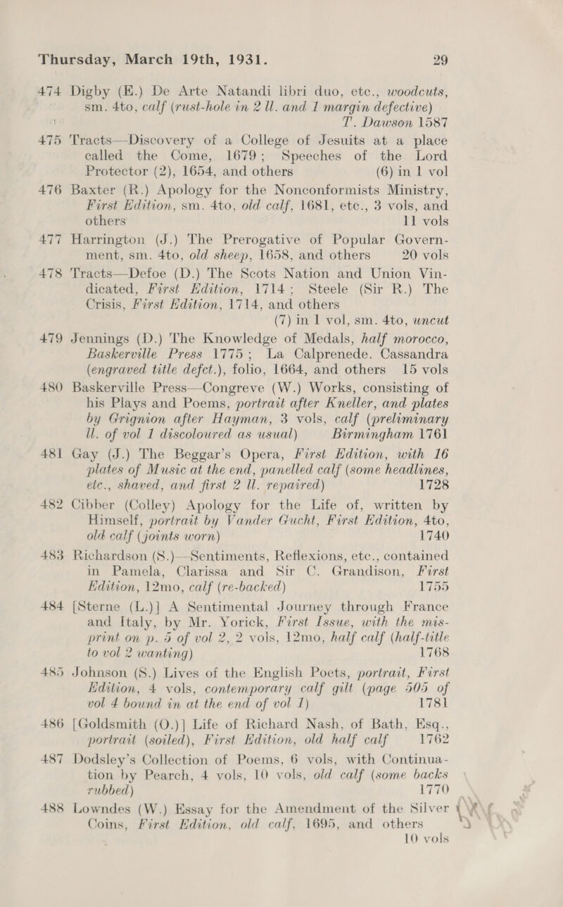 474 475 478 479 480 48] 483 484 ABD - 486 487 488 Digby (E.) De Arte Natandi libri duo, etc., woodcuts, sm. 4to, calf (rust-hole in 2 ll. and 1 margin defective) T. Dawson 1587 Tracts—Discovery of a College of Jesuits at a place called the Come, 1679; Speeches of the Lord Protector (2), 1654, and others (6) in 1 vol Baxter (R.) Apology for the Nonconformists Ministry, First Edition, sm. 4to, old calf, 1681, etc., 3 vols, and others 11 vols Harrington (J.) The Prerogative of Popular Govern- ment, sm. 4to, old sheep, 1658, and others 20 vols Tracts—Defoe (D.) The Scots Nation and Union Vin- dicated, First Hdition, 1714; Steele (Sir R.) The Crisis, First Edition, 1714, and others (7) in 1 vol, sm. 4to, uncut Jennings (D.) The Knowledge of Medals, half morocco, Baskerville Press 1775; Wa Calprenede. Cassandra (engraved title defct.), folio, 1664, and others 15 vols Baskerville Press—Congreve (W.) Works, consisting of his Plays and Poems, portrait after Kneller, and plates by Grignion after Hayman, 3 vols, calf (preliminary Ul. of vol 1 discoloured as usual) Birmingham 1761 Gay (J.) The Beggar’s Opera, First Hdition, with 16 plates of Music at the end, panelled calf (some headlines, elc., shaved, and first 2 ll. repaired) 1728 Cibber (Colley) Apology for the Life of, written by Himself, portrait by Vander Gucht, First Hdition, 4to, old calf (joints worn) 1740 Richardson (S.)—Sentiments, Reflexions, etc., contained in Pamela, Clarissa and Sir C. Grandison, Forst Hdition, 12mo, calf (re-backed) 1755 [Sterne (L.)]| A Sentimental Journey through France and Italy, by Mr. Yorick, First Issue, with the mis- print on p. 5 of vol 2, 2 vols, 12mo, half calf (half-tatle to vol 2 wanting) 1768 Johnson (S8.) Lives of the English Poets, portrait, First Hdition, 4 vols, contemporary calf gilt (page 505 of vol 4 bound in at the end of vol 1) 1781 [Goldsmith (O.)]| Life of Richard Nash, of Bath, Esq., portrait (soiled), First Edition, old half calf 1762 Dodsley’s Collection of Poems, 6 vols, with Continua - tion by Pearch, 4 vols, 10 vols, old calf (some backs rubbed) 1770 Lowndes (W.) Essay for the Amendment of the Silver Coins, First Edition, old calf, 1695, and others