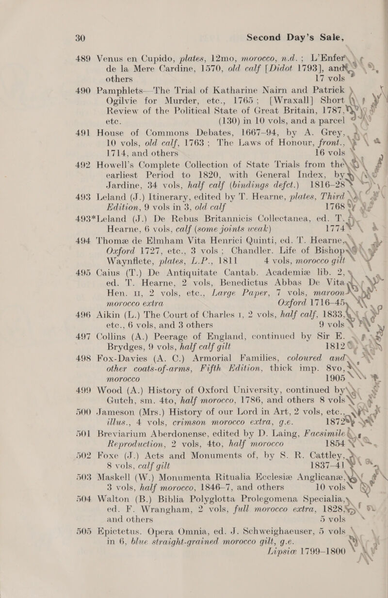 489 Venus en Cupido, sda 12mo, morocco, n.d.; L’Enfer ¢ _ de la Mere Cardine, 1570, old calf [| Didot 1793], anak 2 others 17 vols ® 490 Pamphliets—The Trial of Katharine Nairn and Patrick ) \y Ogilvie for Murder, etc., 1765; [Wraxall] Short Q\ ) a Review of the Political State of Great Britain, 1787, Shy etc. (130) in 10 vols, and a parcel 491 House of Commons Debates, 1667-94, by A. Grey,. «. 10 vols, old calf, 1763 ; Mine lances ignonen front., PX \ &amp; 1714, and others 16 vols ». 492 Howell’s Complete Collection of State Trials from the\&amp; 0 \ £ earliest Period to 1820, with General Index, by»: AS Jardine, 34 vols, half calf ( (bindings defect.) 1816— 28% ee Rr 493 Leland (J.) Itinerary, edited by T. Hearne, plates, Third » r\ 4 Edition, 9 vols in 3, old calf 1768 ey ea 493*Leland (J.) De Rebus Britannicis Collectanea, ed. T. \ 4 Hearne, 6 vols, calf (some joints weak) 17748 \ a 494 Thome de Elmham Vita Henrici Quinti, ed. T. Hearne, - BY Oxford 1727, etc., 3 vols; Chandler. Lite of Bishopwo ~ ¥ Waynflete, plates, L.P., 1811 4 vols, morocco gilt © “~~ 495 Caius (T.) De Aauia tiene Cantab. Academie lib. 7 ed. T. Hearne, 2 vols, Benedictus Abbas De Vita Hen; ou, 2 vols, etc., Large Paper, 7 vols, nares La morocco extra Oxford 1716-45, A = 496 Aikin (L.) The Court of Charles 1, 2 vols, half calf, 1833.4 <9 etc., 6 vols, and 3 others 9 vole ry ' 497 Collins (A.) Peerage of England, continued by Sir E. ~ pas Brydges, 9 vols, half calf gilt 1812 Oy ‘a 498 Fox-Davies (A. C.) Armorial Families, coloured and other coats-of-arms, Fifth Edition, thick imp. 8vo, Ye morocco 1905 Ss bo 499 Wood (A.) History of Oxford University, continued by\yo = Gutch, sm. 4to, half morocco, 1786, and others 8 vols hy 500 Jameson (Mrs.) History of our Lord in Art, 2 vols, etc., Ne x illus., 4 vols, crimson morocco extra, g.é. 1872 ve 501 meetin a Aberdonense, edited by D. Laing, Facsimile * Reproduction, 2 vols, 4to, half morocco 1854 Ys ‘oo 502 Foxe (J.) Acts and Monuments of, by S. R. 157 IN a 8 vols, calf gilt 1837-41 ¥ * a, 503 Maskell (W.) Monumenta Ritualia Kcclesize Anglicane, \Q\ e\ 3 vols, half morocco, 1846-7, and others 10 vols‘ yt 504 Walton (B.) Biblia Polyglotta Prolegomena Specialia,y ed. F. Wrangham, 2 vols, full morocco extra, 1828.55) w. and others 5 vols ~ > 505 Epictetus. Opera Omnia, ed. J. Schweighaeuser, 5 vols \. in 6, blue straight-grained morocco gilt, g.e. \ Lipsie 1799-1800